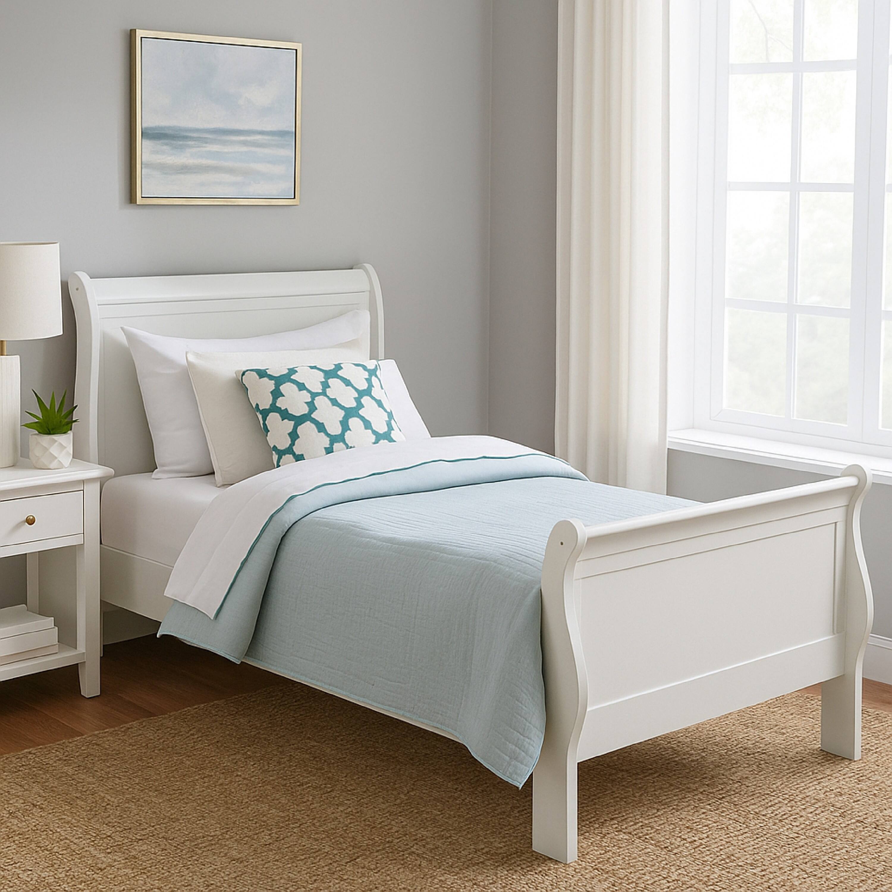 Alt View 5. Manhattan Lane - Nim Twin Size Bed, Sleigh Panel Headboard Design, White, Low Profile - White.