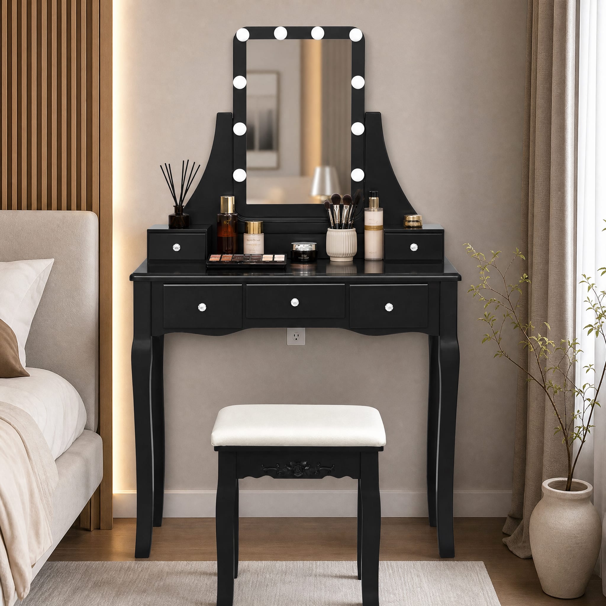 WELLFOR - Makeup Vanity Dressing Table Set with 360° Rotatable Mirror, Memory‑Brightness Function, 5 Drawers &Padded Stool - Black