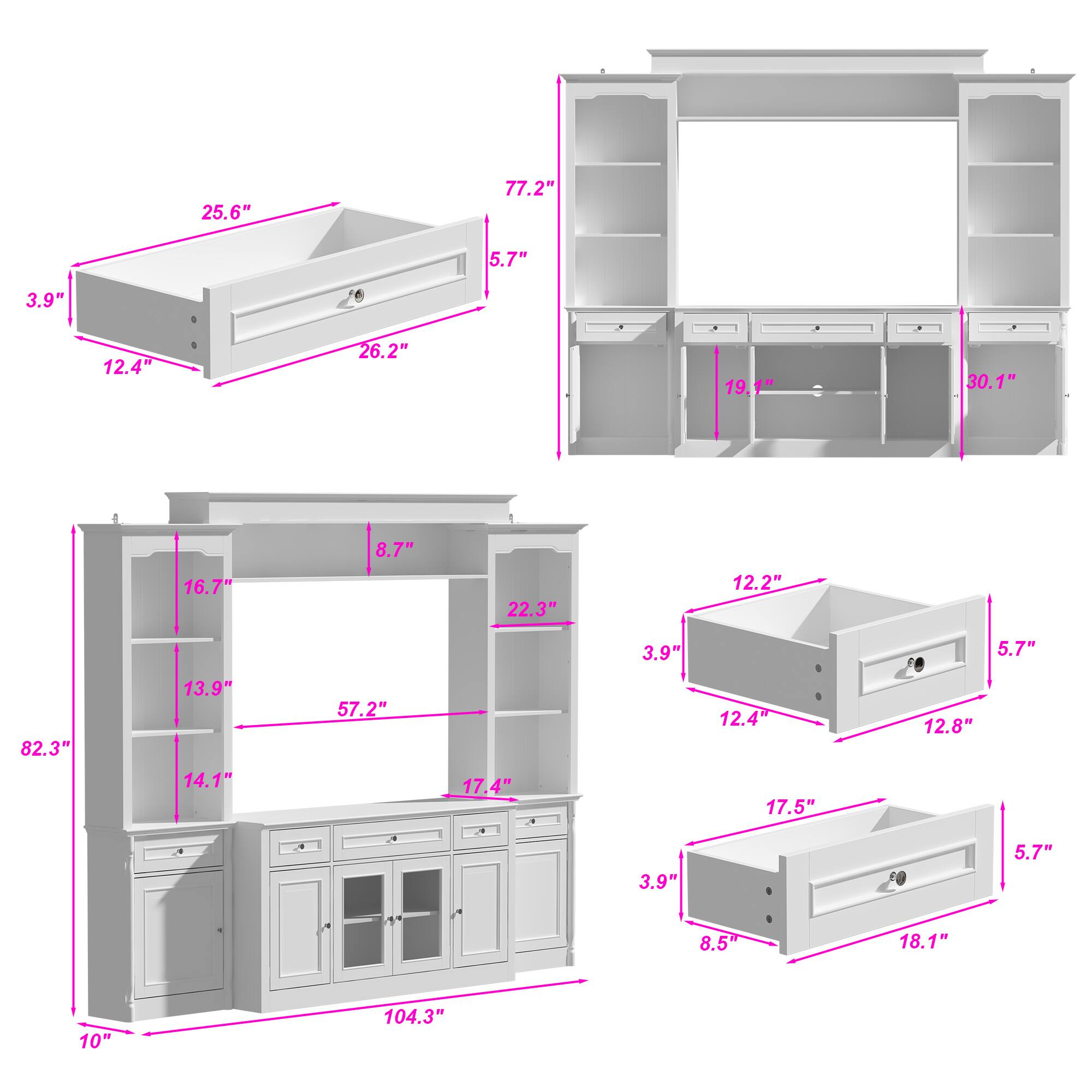 The text on the image is grouped and corrected as follows:

1. 25.6" 77.2" 5.7" 3.9"
2. 6 12.4" 1 26.2" 19.1"
3. 30.1" 1 16.7" 8.7" 22.3" 12.2" 3.9" 5.7"
4. 82.3" 13.9" 14.1" 57.2" 17.4" 12.4" 17.5" 12.8" 3.9" 5.7" 8.5"
5. 18.1" 10" 104.3"