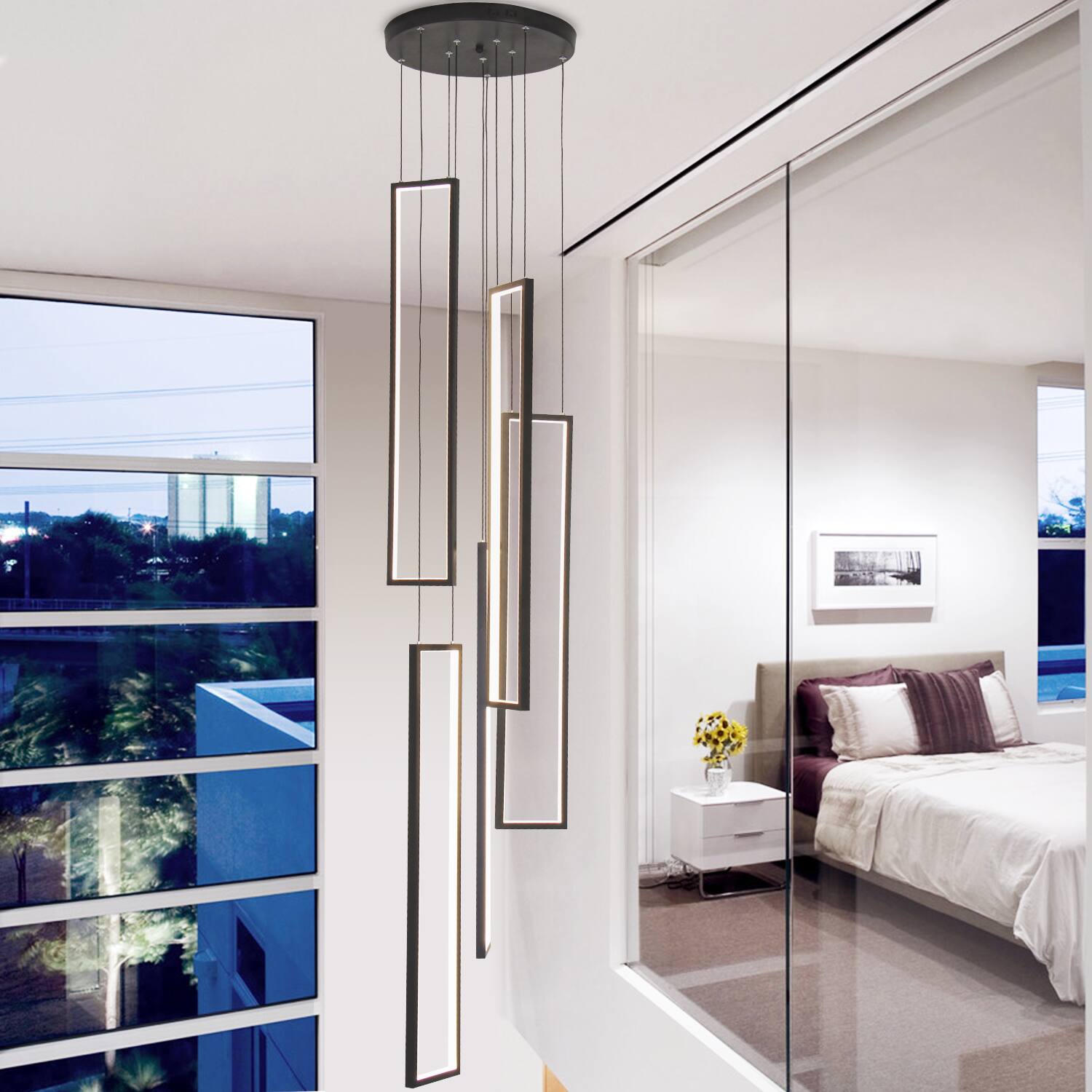 Alt View 1. Umeiluce - 5-Light Chandelier Long High Ceiling Cluster Pendant for Hallway Staircase Remote Dimmable - matte black.