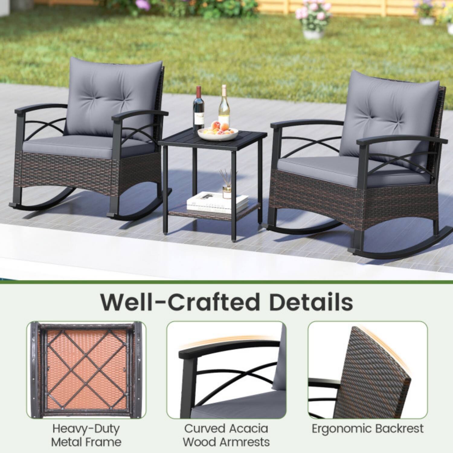 Well-Crafted Details

Heavy-Duty Metal Frame

Curved Acacia Wood Armrests

Ergonomic Backrest