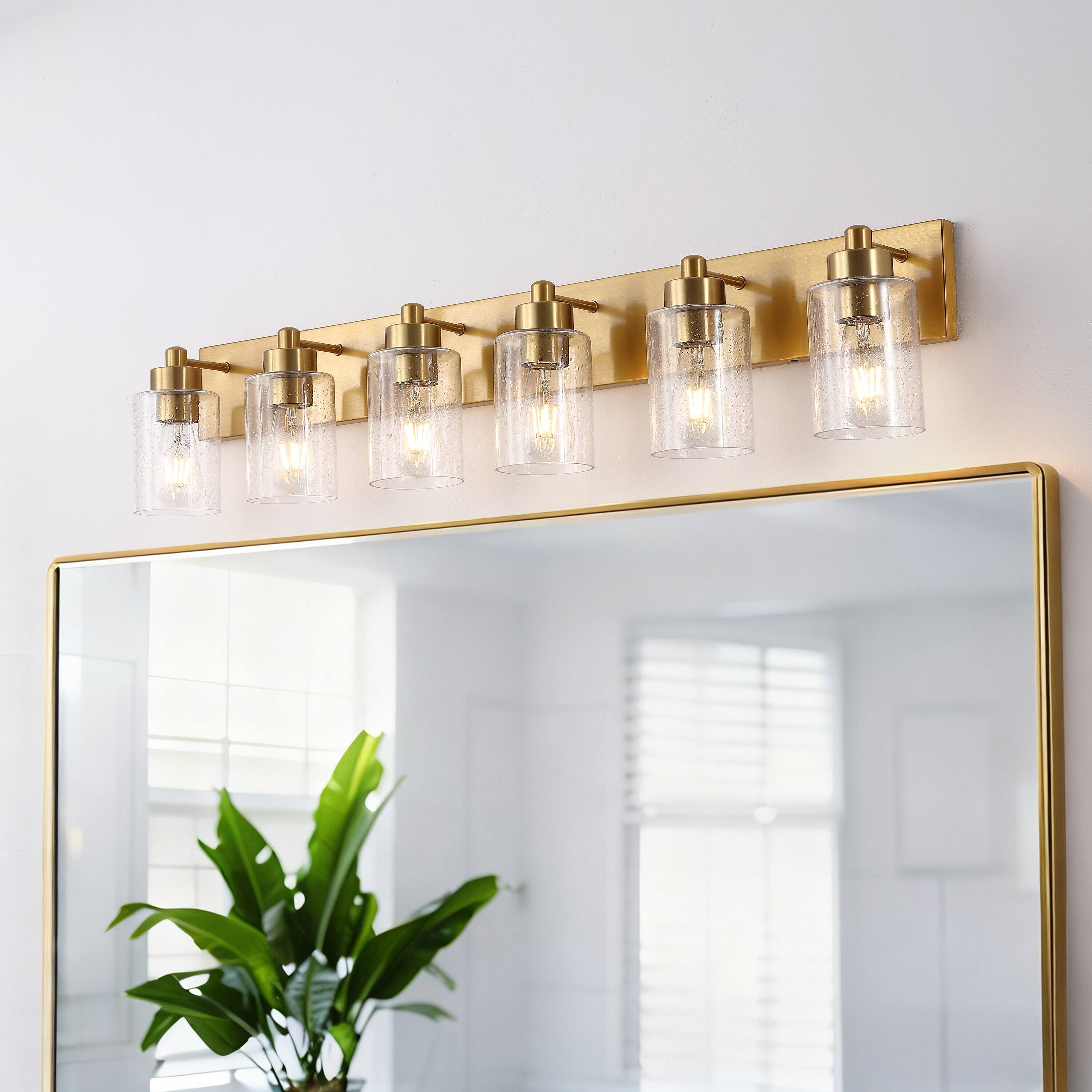 Alt View 1. Jonathan Y - Irving 40" 6-Light Seeded Glass/Iron Modern Contemporary LED Vanity Light, Brass Gold - Brass Gold/Clear.