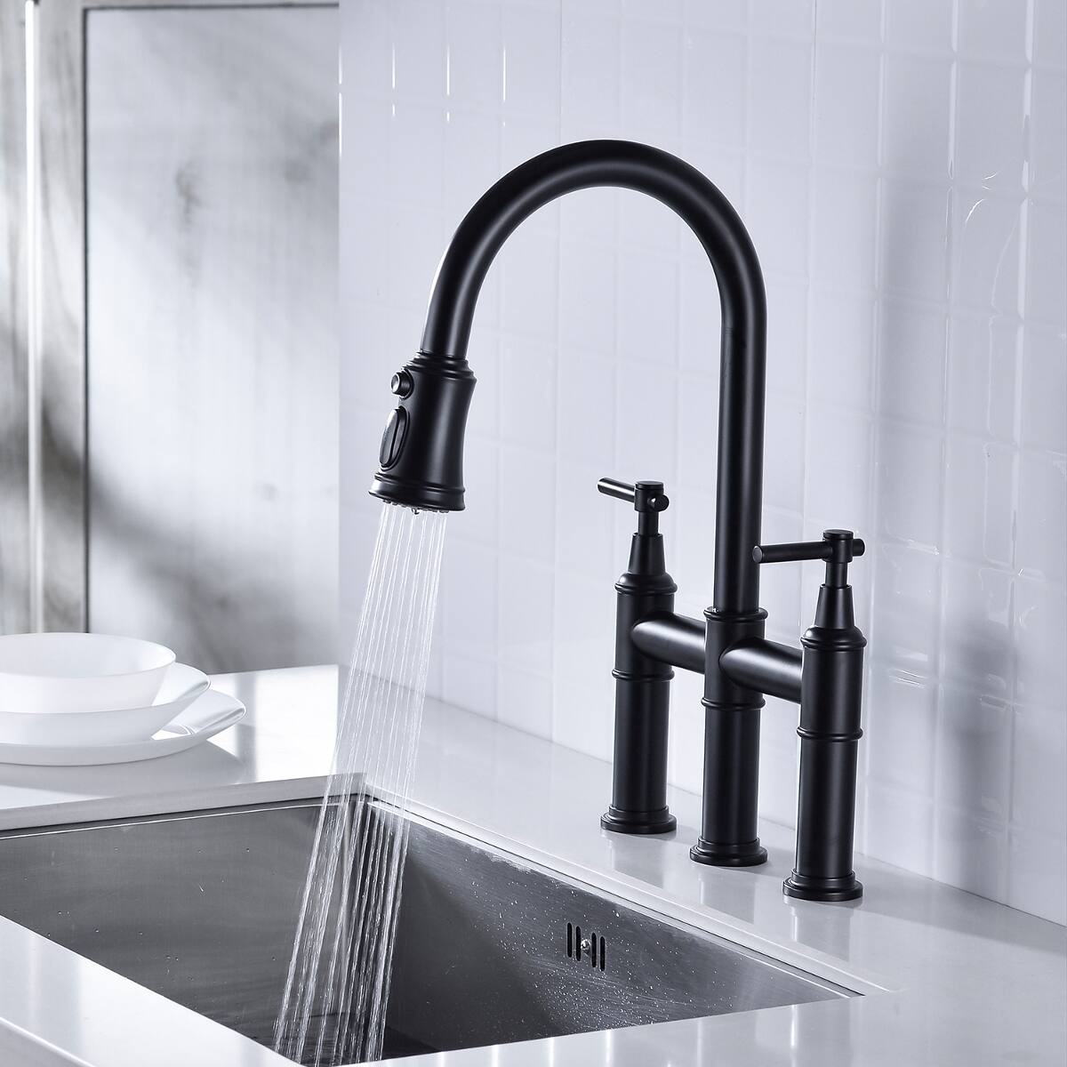 Alt View 9. Ropilly - Ropilly Bridge Kitchen Faucet with Pull Down Spray Head, Matte Black Finish, Dual Handle Brass Kitchen Faucet - Matte Black.