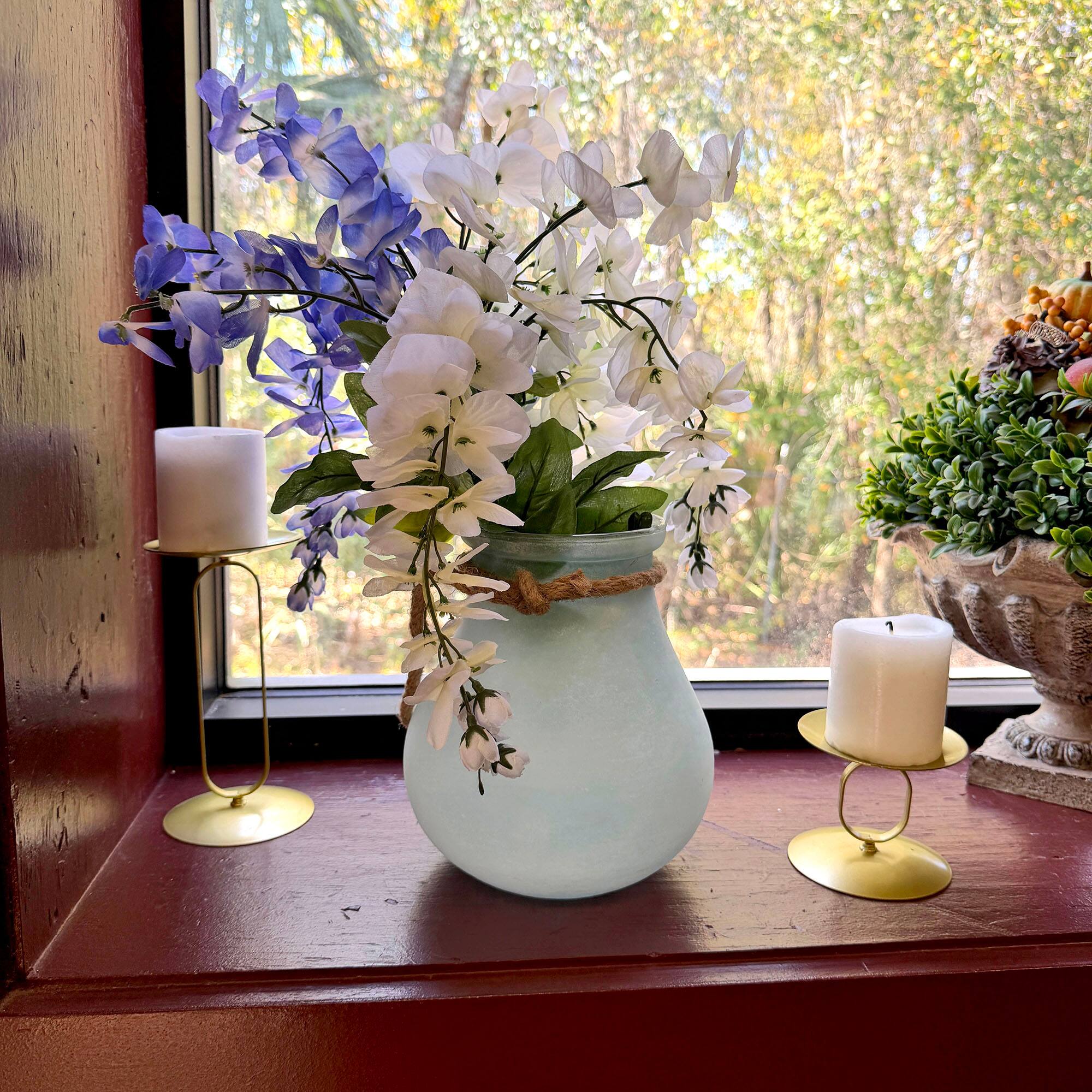 Alt View 3. India House Brass - India House Frosted Blue Glass Hanging Candle Lantern with Rope Handle, 15 In - Blue.
