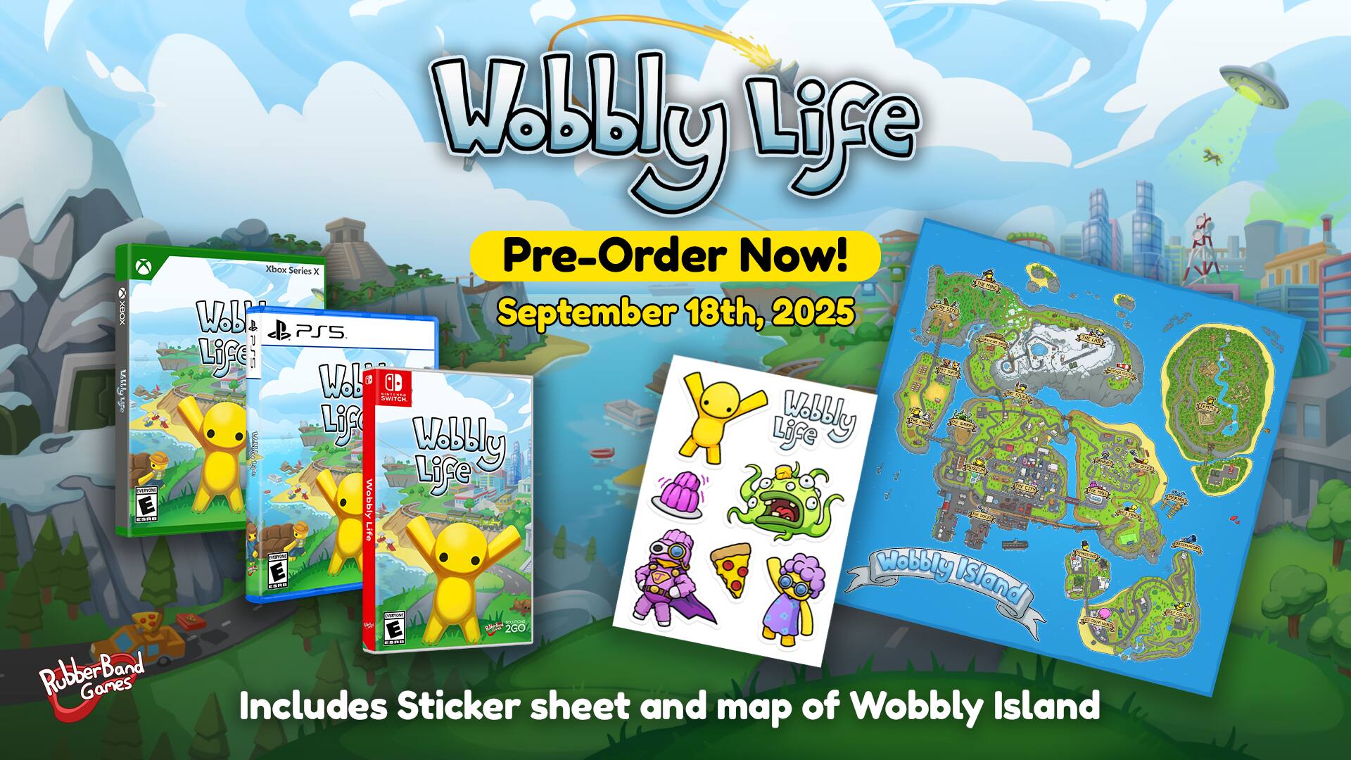Wobbly Life Xbox Series X Pre-Order Now! September 18th, 2025. Includes Sticker sheet and map of Wobbly Island.