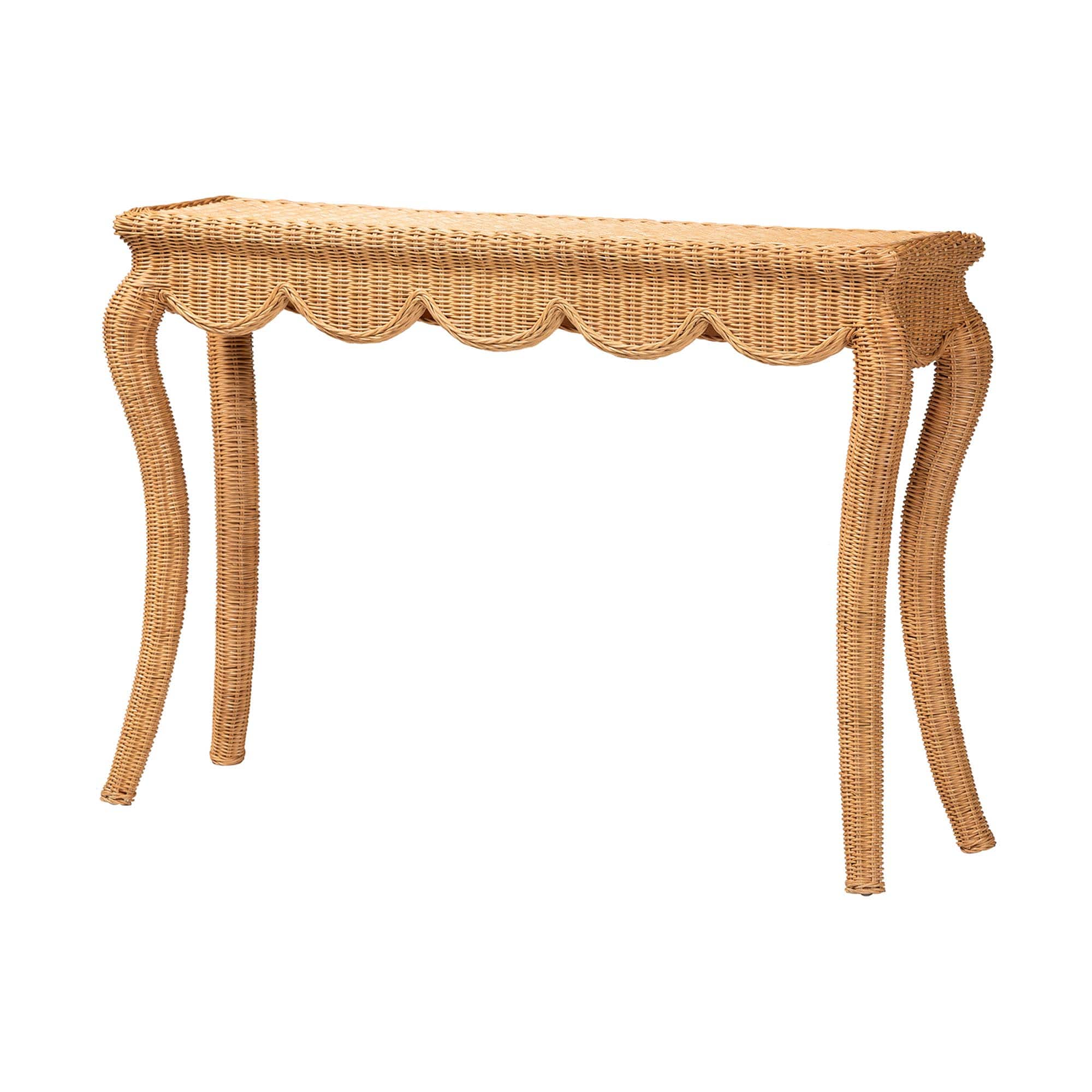 bali & pari - Deborah Natural Rattan Console Table - Handwoven Wicker Accent Table with Cabriole Legs, Scalloped Coastal Cottage - Light Honey