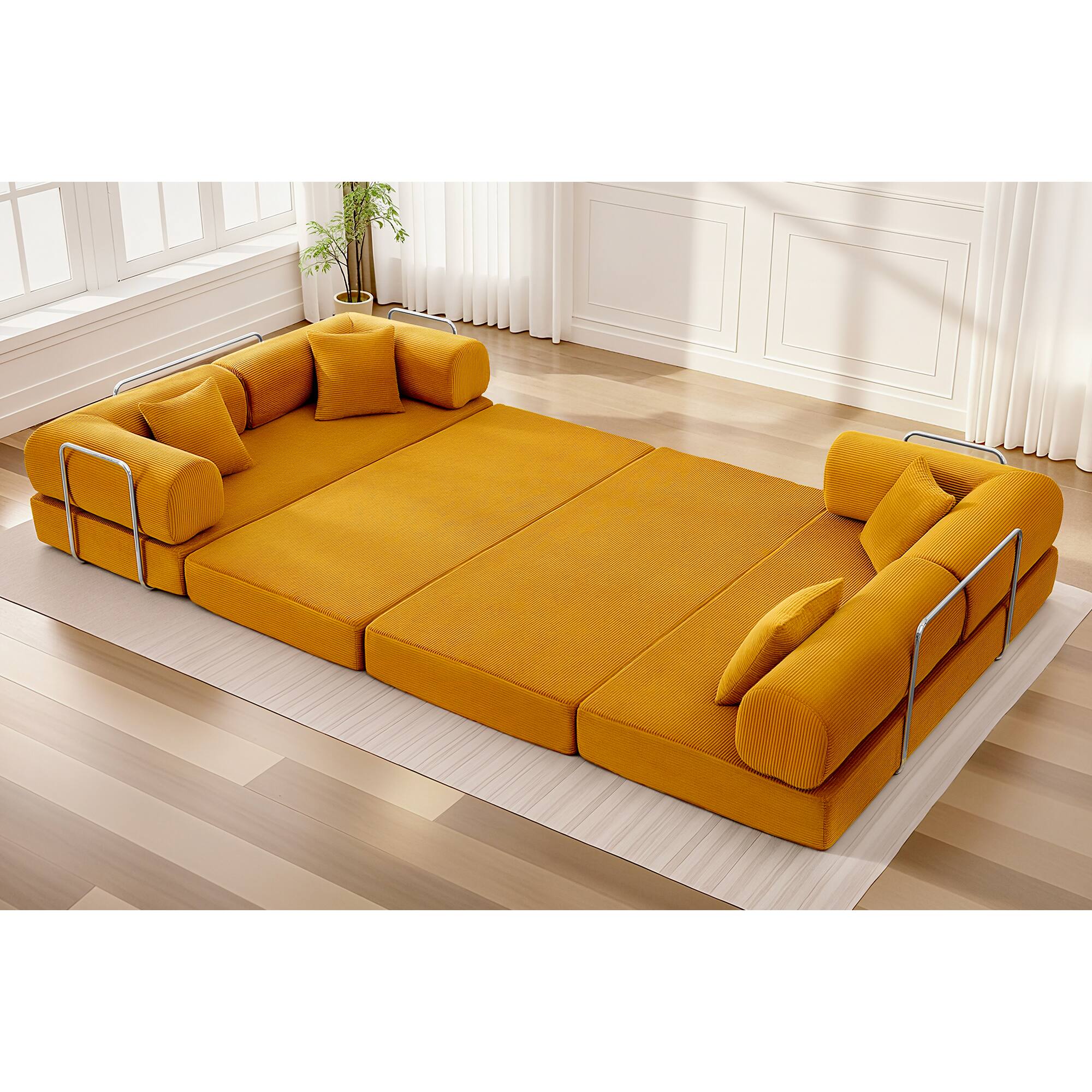 Angle. KERDOM - Upholstered L Shaped Modular Sofa Bed with Chaise, Corduroy Folding Floor Convertible Sofa Couch Bed for Living Room - Ginger Yellow.