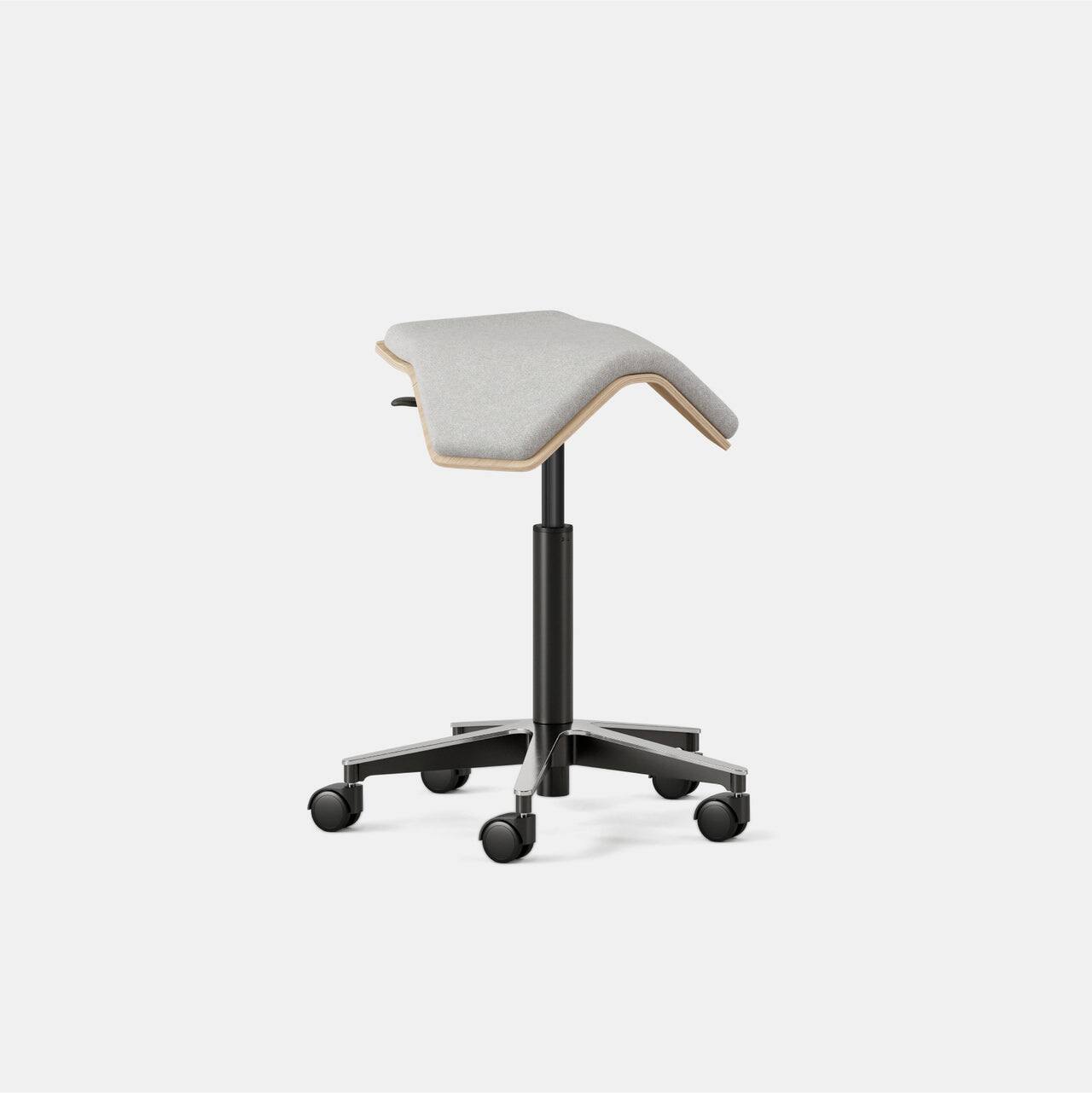 Left. Branch Furniture - Branch Saddle Chair Plus – Rolling Ergonomic Stool for Healthy Posture with Birch Frame and Recycled Seat Fabric" - Dove / Wood.