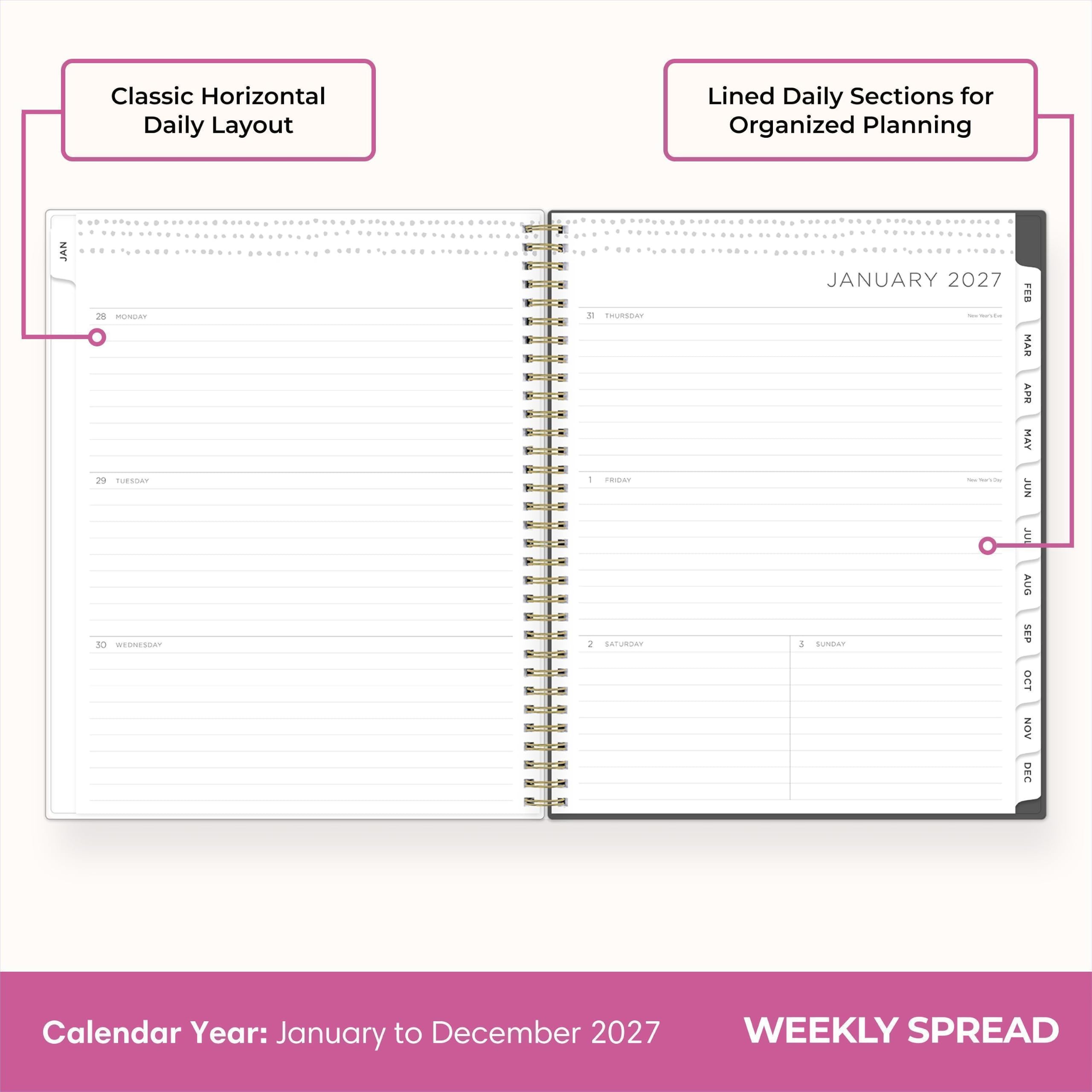 Classic Horizontal Daily Layout  
Lined Daily Sections for Organized Planning  

JAN  
MONDAY 29  
TUESDAY 30  
WEDNESDAY 31  
THURSDAY 1  
FRIDAY 2  
SATURDAY 3  
SUNDAY  

JANUARY 2027  

Calendar Year: January to December 2027  
WEEKLY SPREAD