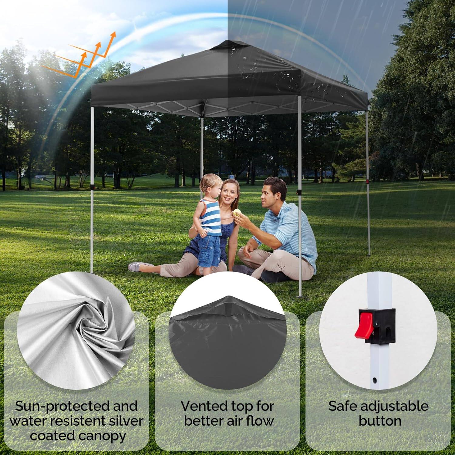 Sun-protected and water-resistant silver coated canopy  
Vented top for better air flow  
Safe adjustable button