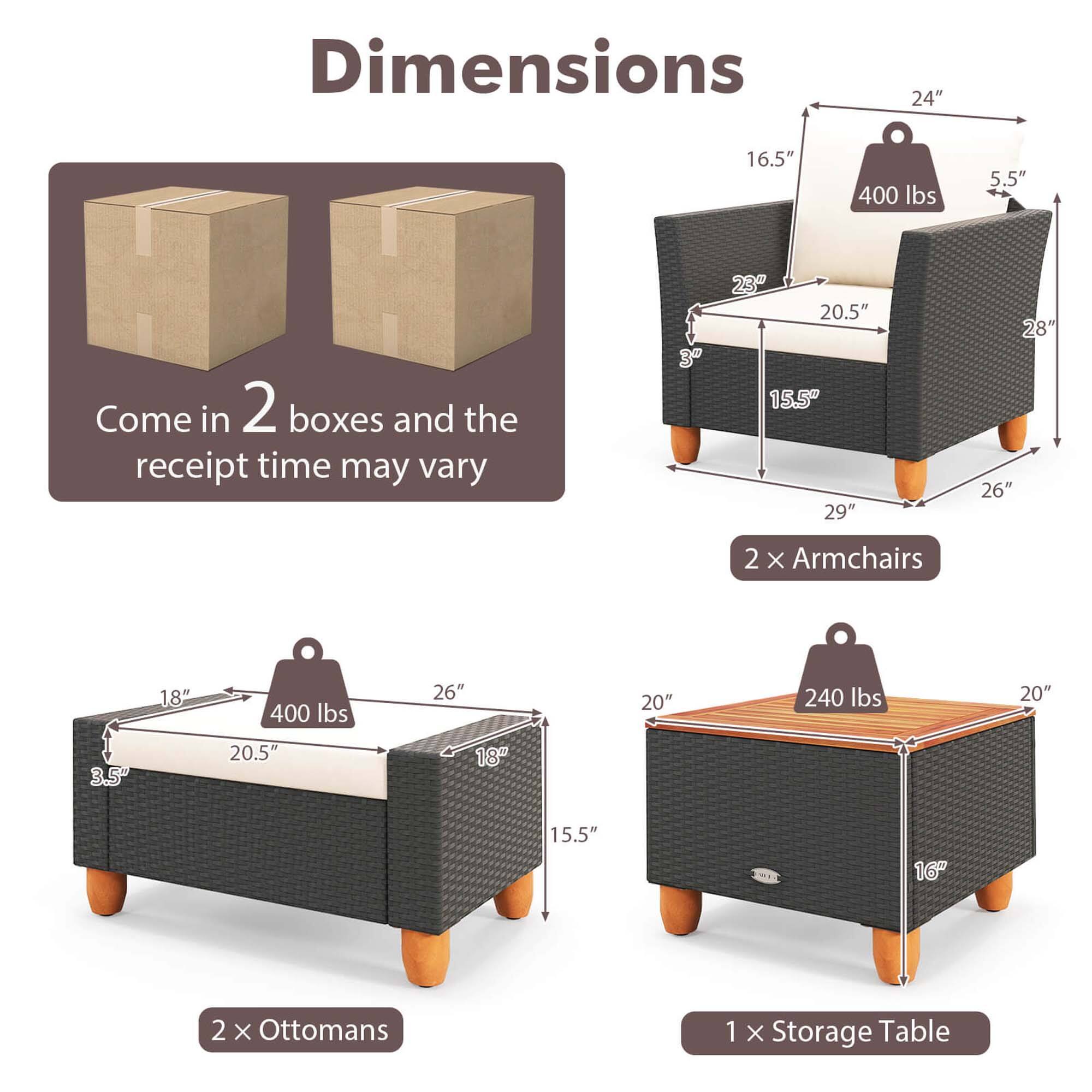 Dimensions:
- 24" x 16.5"
- 400 lbs
- 5.5"

Come in 2 boxes and the receipt time may vary:
- 3" x 23"
- 29" x 28"
- 26" x 26"
- 2 X Armchairs
- 18" x 400 lbs
- 20" x 20" x 240 lbs
- 20" x 3.5%
- 20.5" x 18" x 15.5"
- 16" x 2 X Ottomans
- 1 X Storage Table