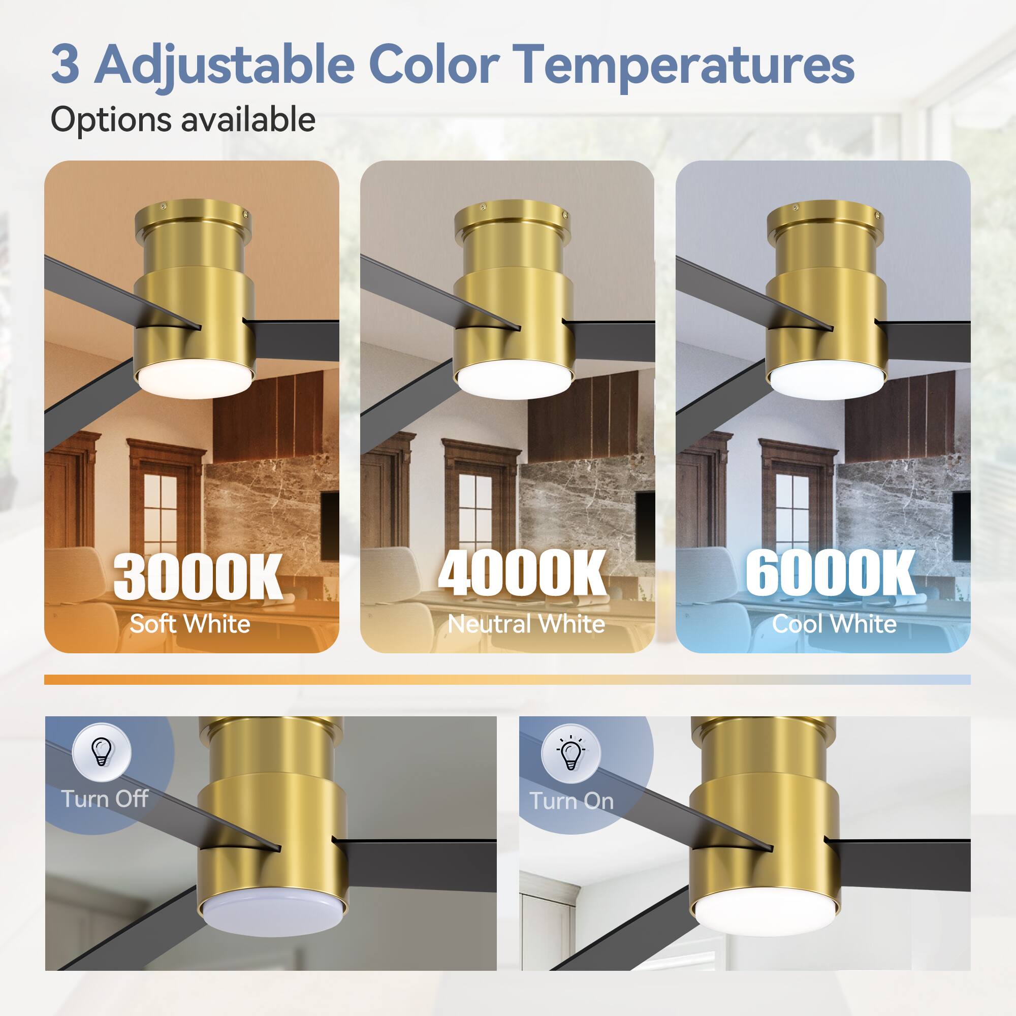 3 Adjustable Color Temperatures Options available
3000K Soft White
4000K Neutral White
6000K Cool White
Turn Off
Turn On