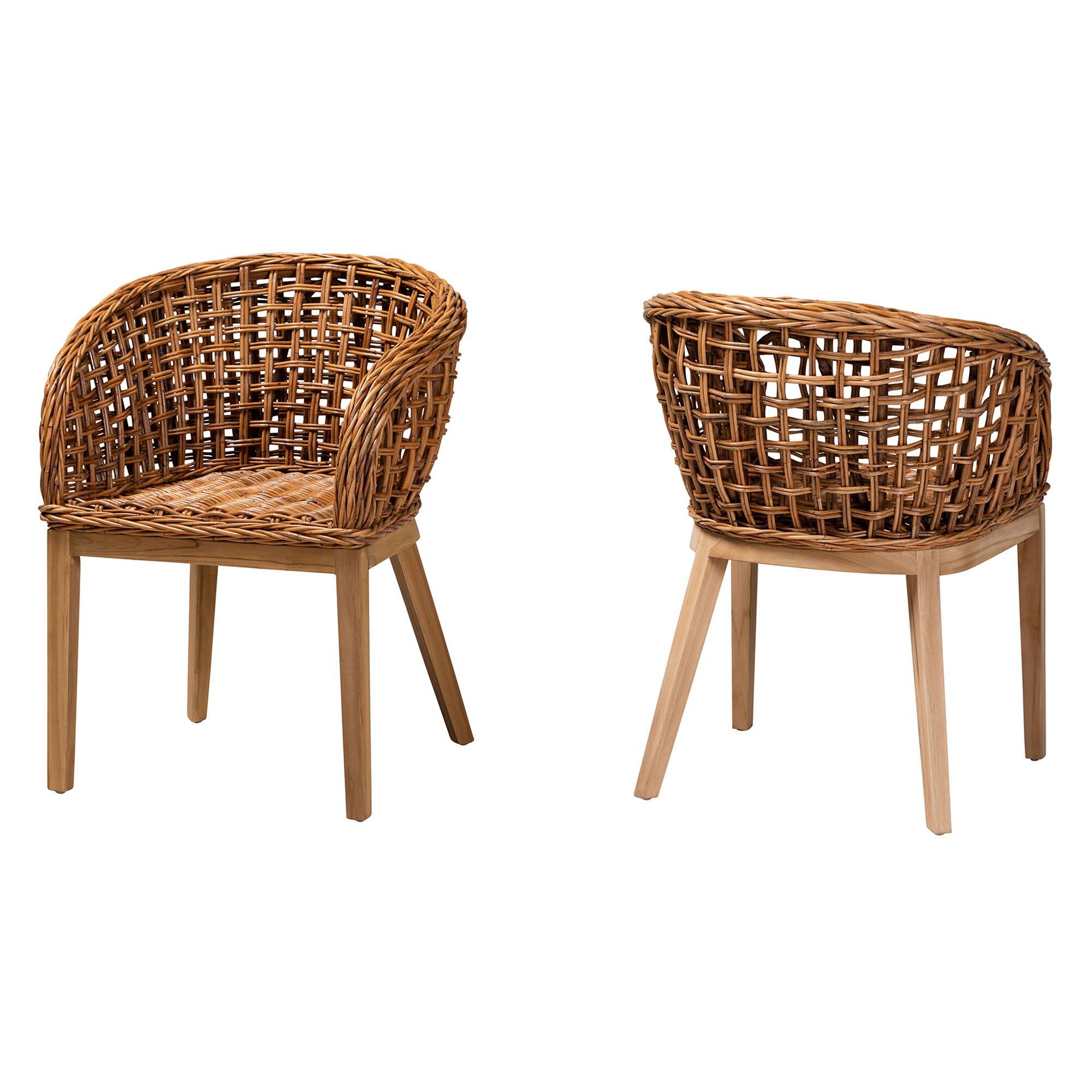 bali & pari - Mario Modern Bohemian Finished Teak Wood and Rattan 2-Piece Dining Chair Set - Natural Brown/Brown