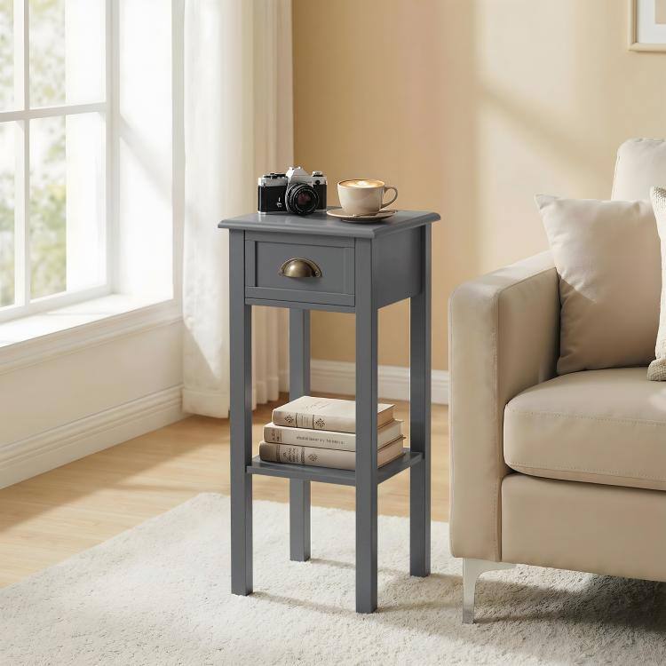 PULUZ 2 Tier Side Table with Drawer and Shelf, End Table for Living ...