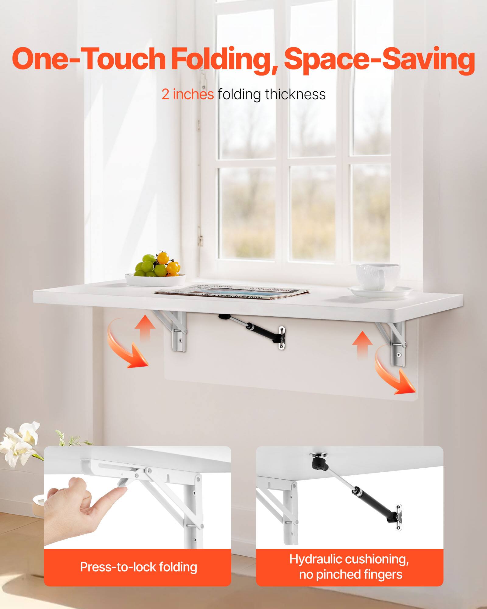 One-Touch Folding, Space-Saving  
2 inches folding thickness  

Press-to-lock folding  

Hydraulic cushioning, no pinched fingers
