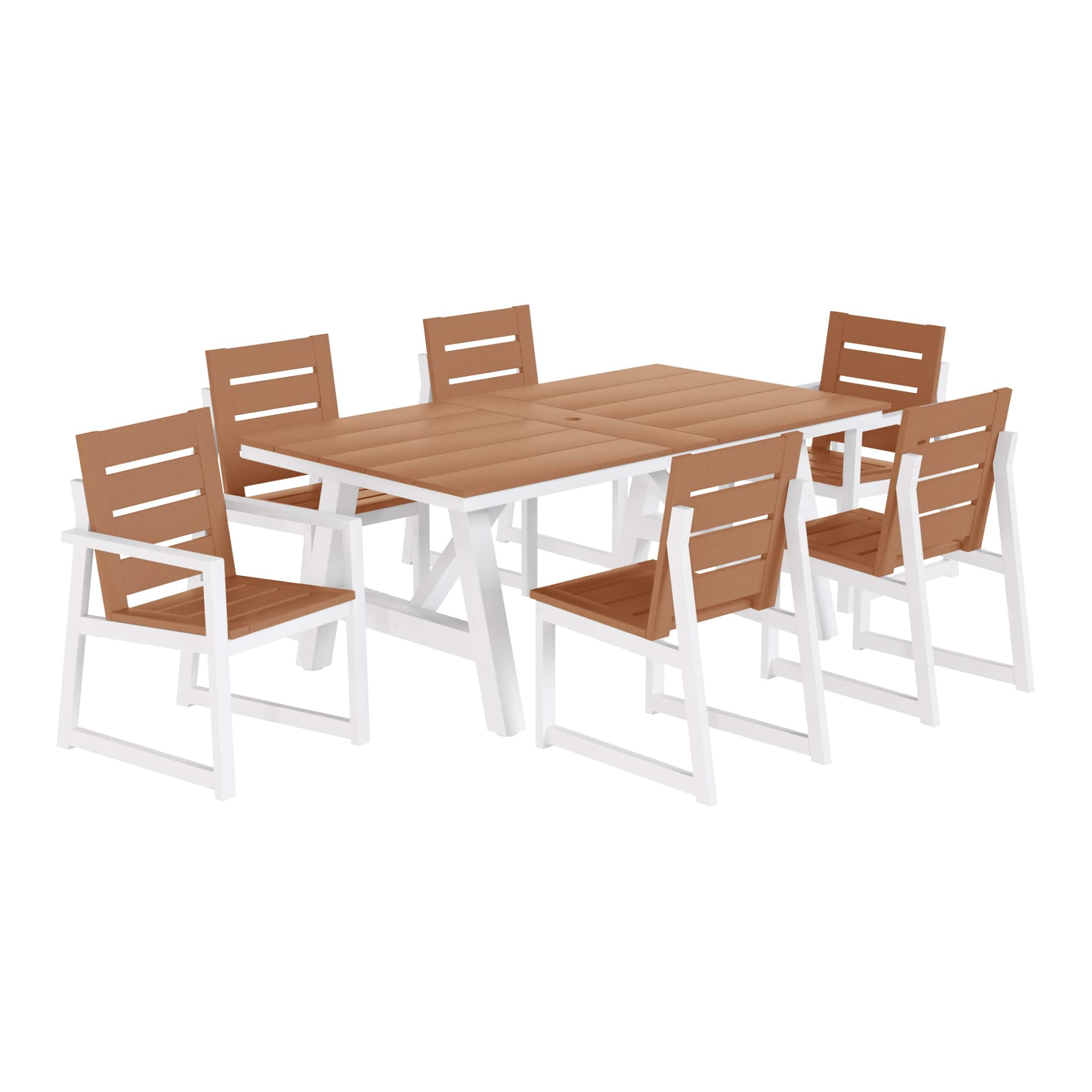 WestinTrends - Cape May 7-Piece HDPE Outdoor Furniture Patio Dining Table With Umbrella Hole and Chairs Set For 6 - Teak