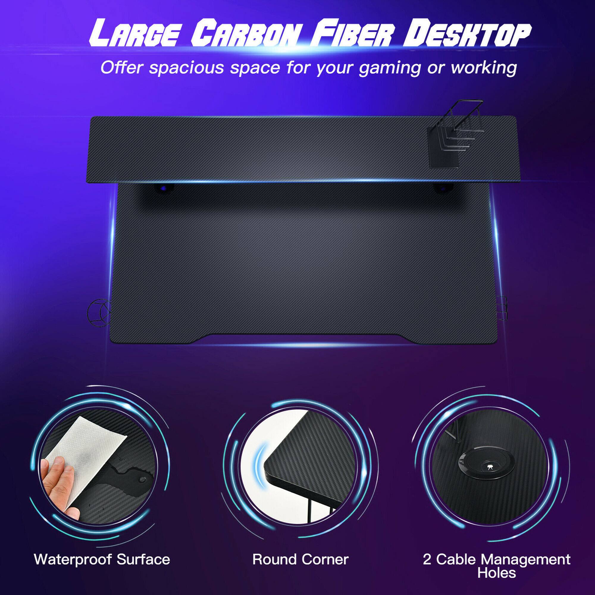 LARGE CARBON FIBER DESKTOP: Offer spacious space for your gaming or working. Waterproof Surface. Round Corner. 2 Cable Management Holes.