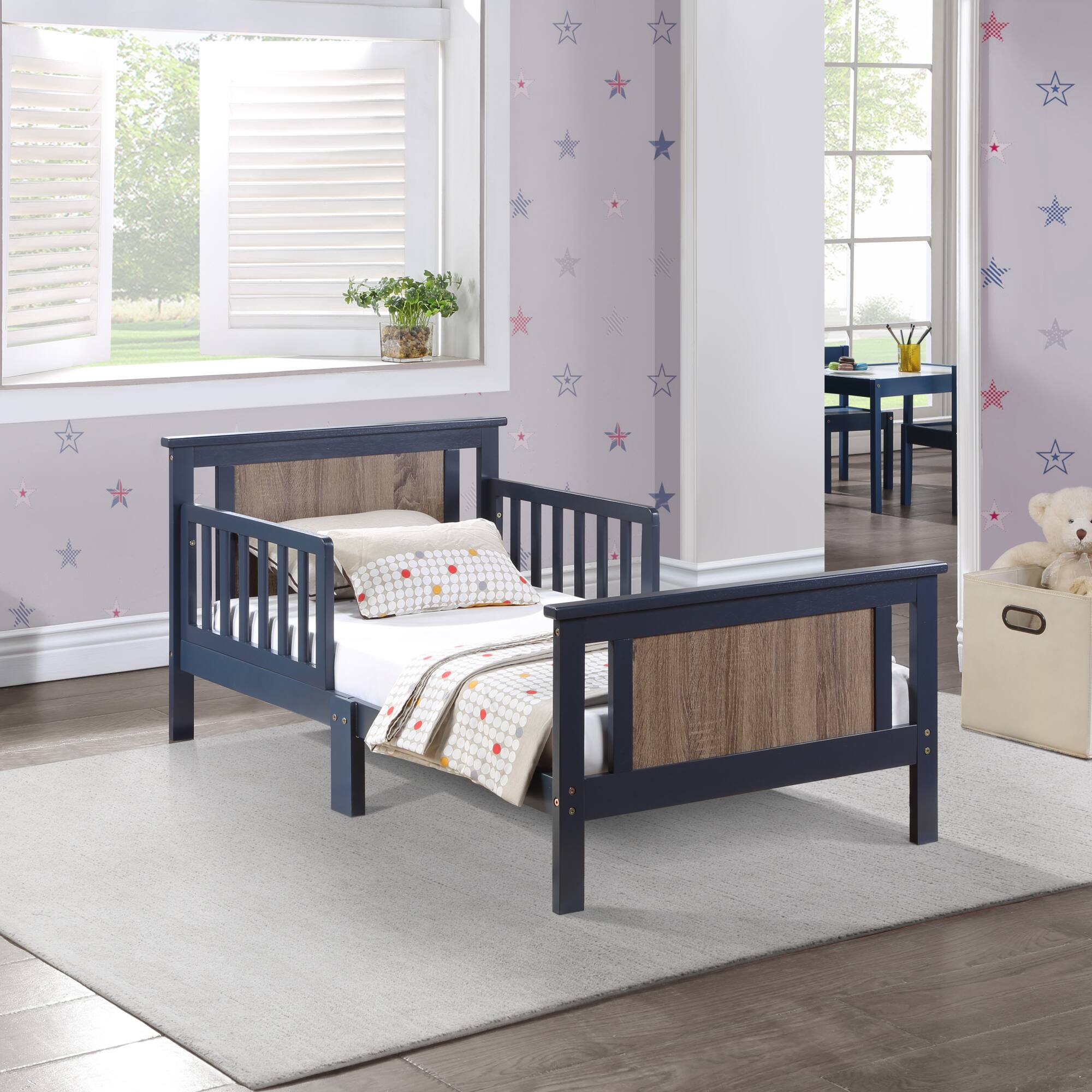 Angle. GOODSILO - Reversible Panel Toddler Bed with Dual-Tone Finish for Growing Children, Solid Wood Construction - Blue.