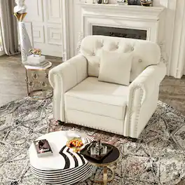 Anysun - 41.3" Velvet Chesterfield Sofa w/ Nailhead Trim, Rolled Armrests, Button Tufted, 1 Pillow, Mid-Century - White