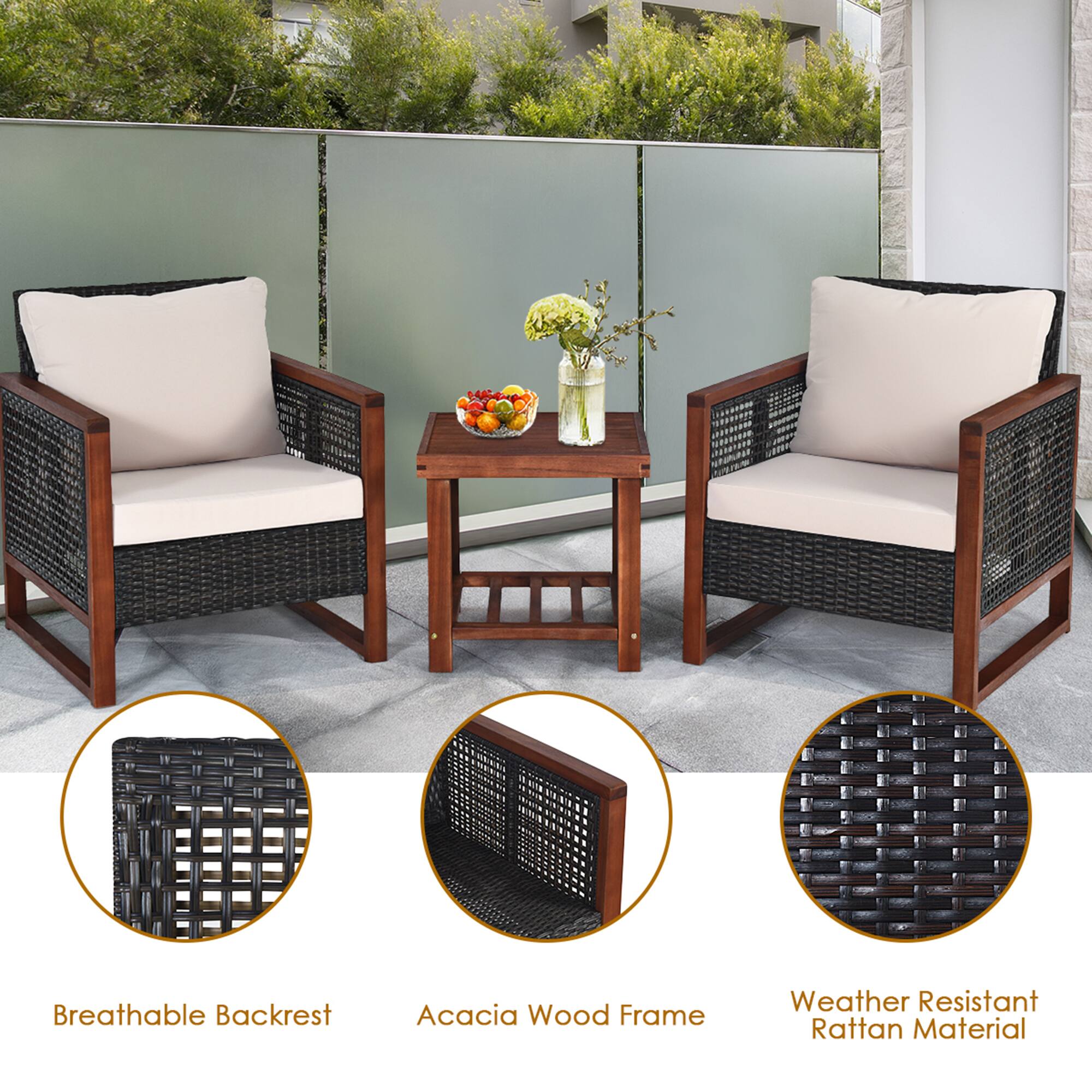 Breathable Backrest, Acacia Wood Frame, Weather Resistant Rattan Material