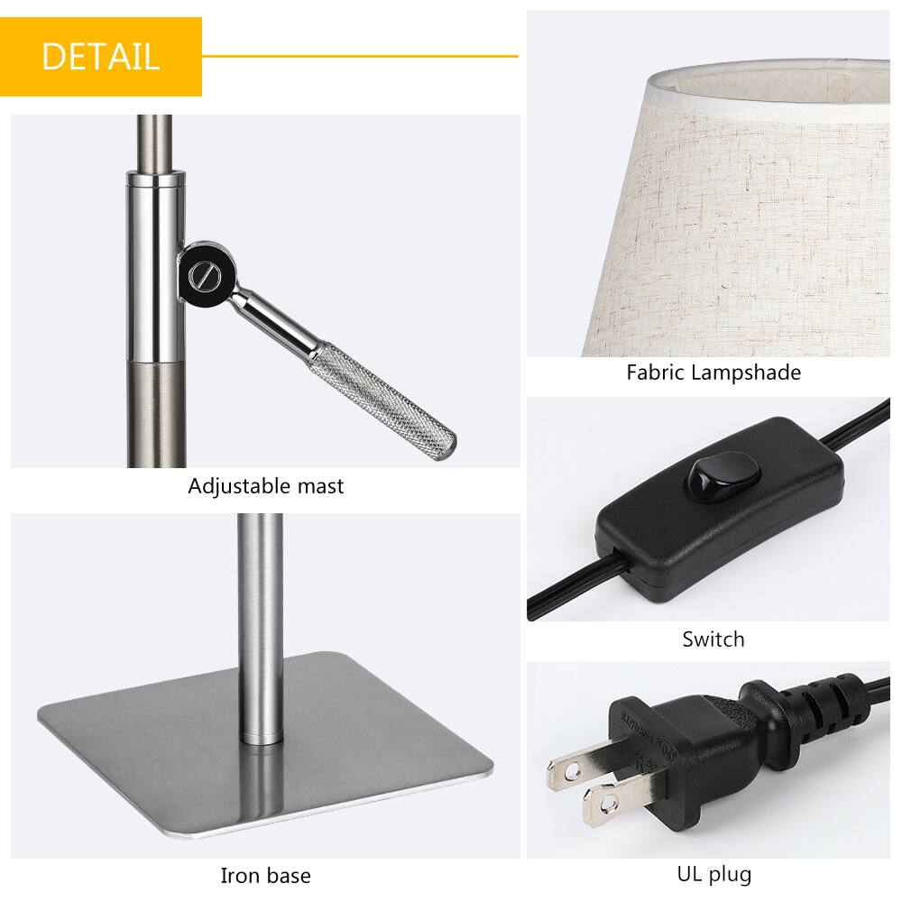 DETAIL  
- Fabric Lampshade  
- Adjustable mast  
- Iron base  
- Switch  
- UL plug