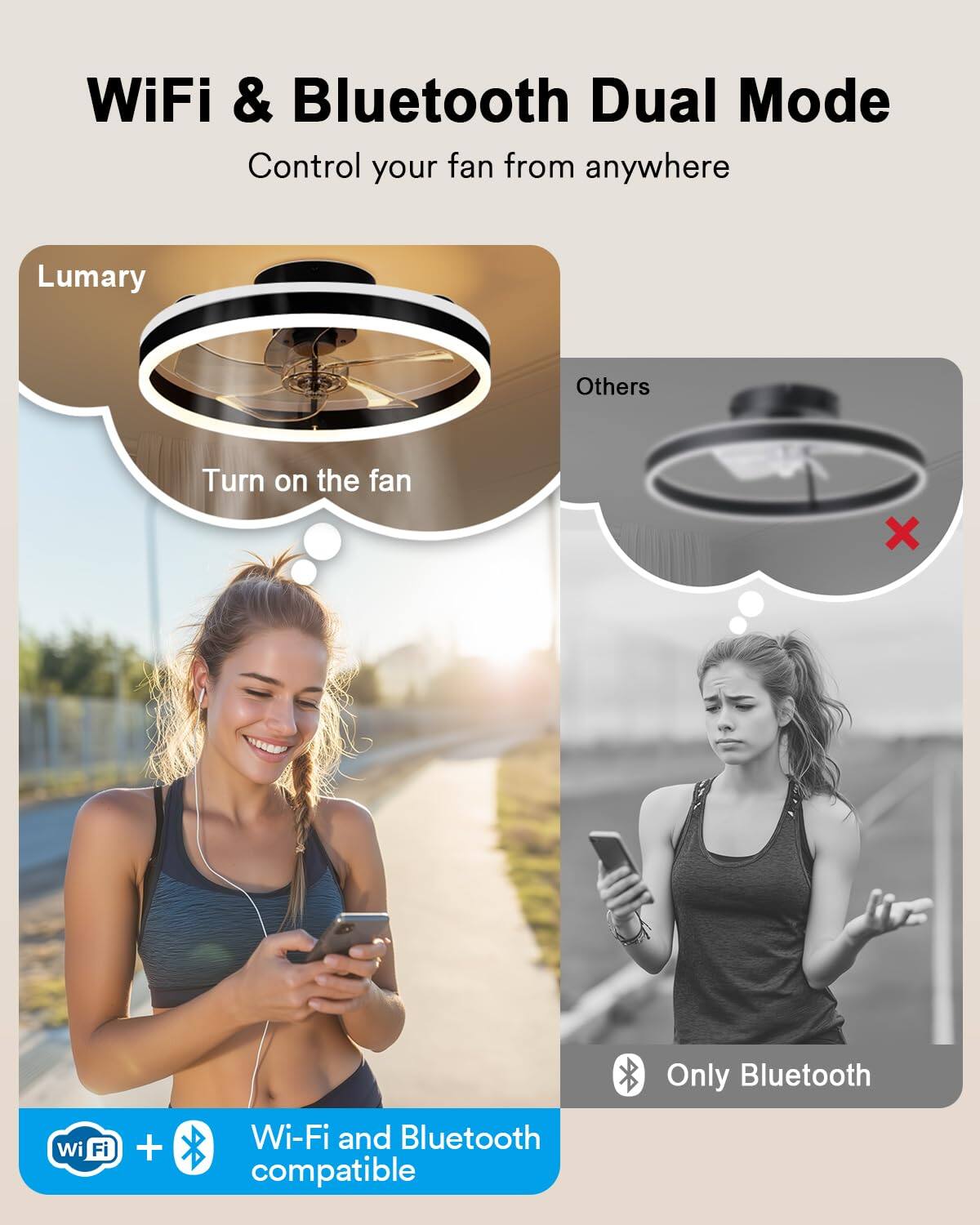 WiFi & Bluetooth Dual Mode  
Control your fan from anywhere  

Lumary  
Turn on the fan  

Others  
Only Bluetooth  

Wi-Fi and Bluetooth compatible
