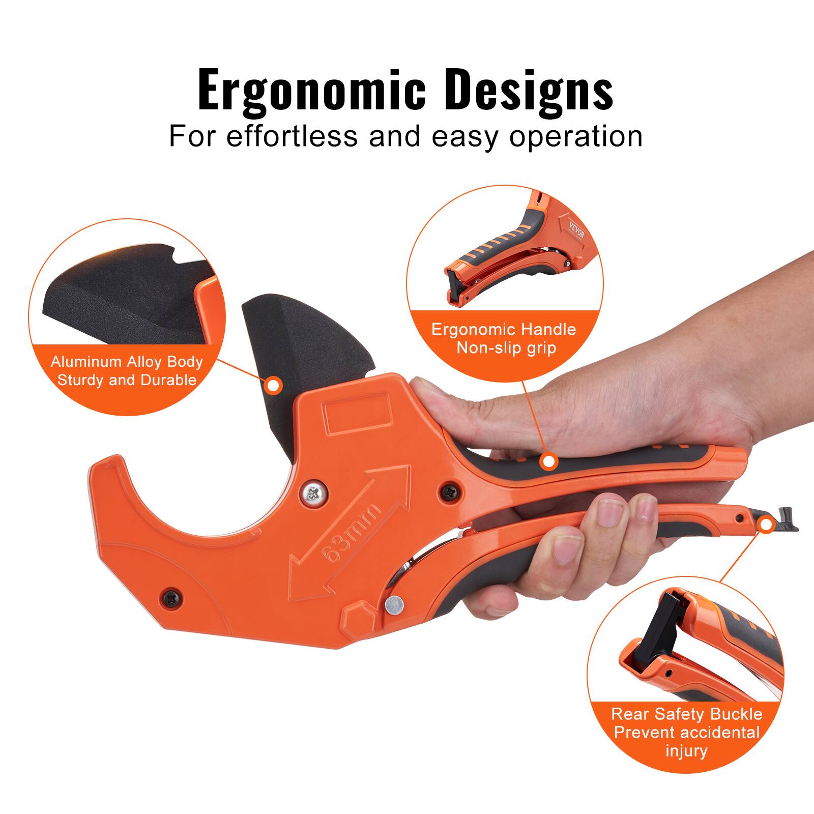 Ergonomic Designs  
For effortless and easy operation

- Aluminum Alloy Body  
  Sturdy and Durable

- Ergonomic Handle  
  Non-slip grip

- Rear Safety Buckle  
  Prevent accidental injury