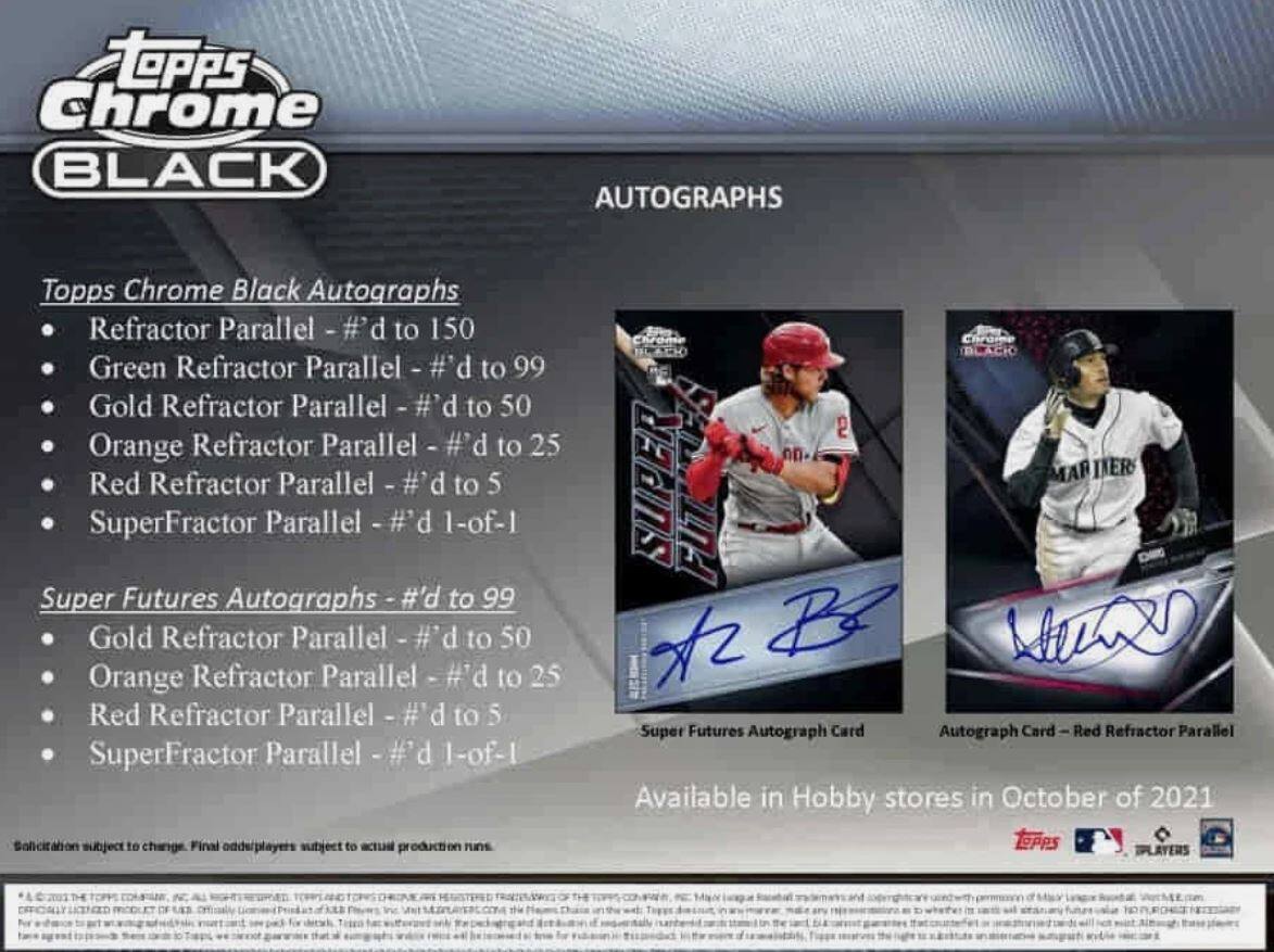 **Topps Chrome Black Autographs**

- Refractor Parallel - #’d to 150
- Green Refractor Parallel - #’d to 99
- Gold Refractor Parallel - #’d to 50
- Orange Refractor Parallel - #’d to 25
- Red Refractor Parallel - #’d to 5
- SuperFractor Parallel - 1-of-1

**Super Futures Autographs**

- Gold Refractor Parallel - #’d to 99
- Orange Refractor Parallel - #’d to 50
- Red Refractor Parallel - #’d to 25
- SuperFractor Parallel - 1-of-1

**Autograph Card - Red Refractor Parallel**

Available in Hobby stores in October of 2021

Solicitation subject to change. Final odd/even players subject to actual production runs.