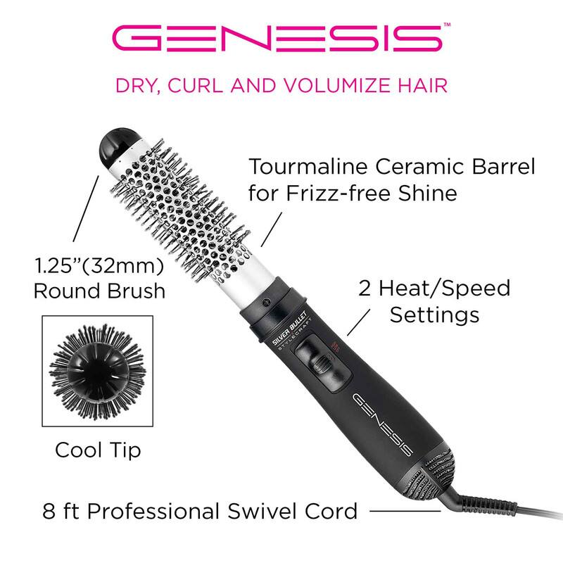 GENESIS  
DRY, CURL AND VOLUMIZE HAIR  

- Tourmaline Ceramic Barrel for Frizz-free Shine  
- 1.25" (32mm) Round Brush  
- 2 Heat/Speed Settings  
- Cool Tip  
- 8 ft Professional Swivel Cord