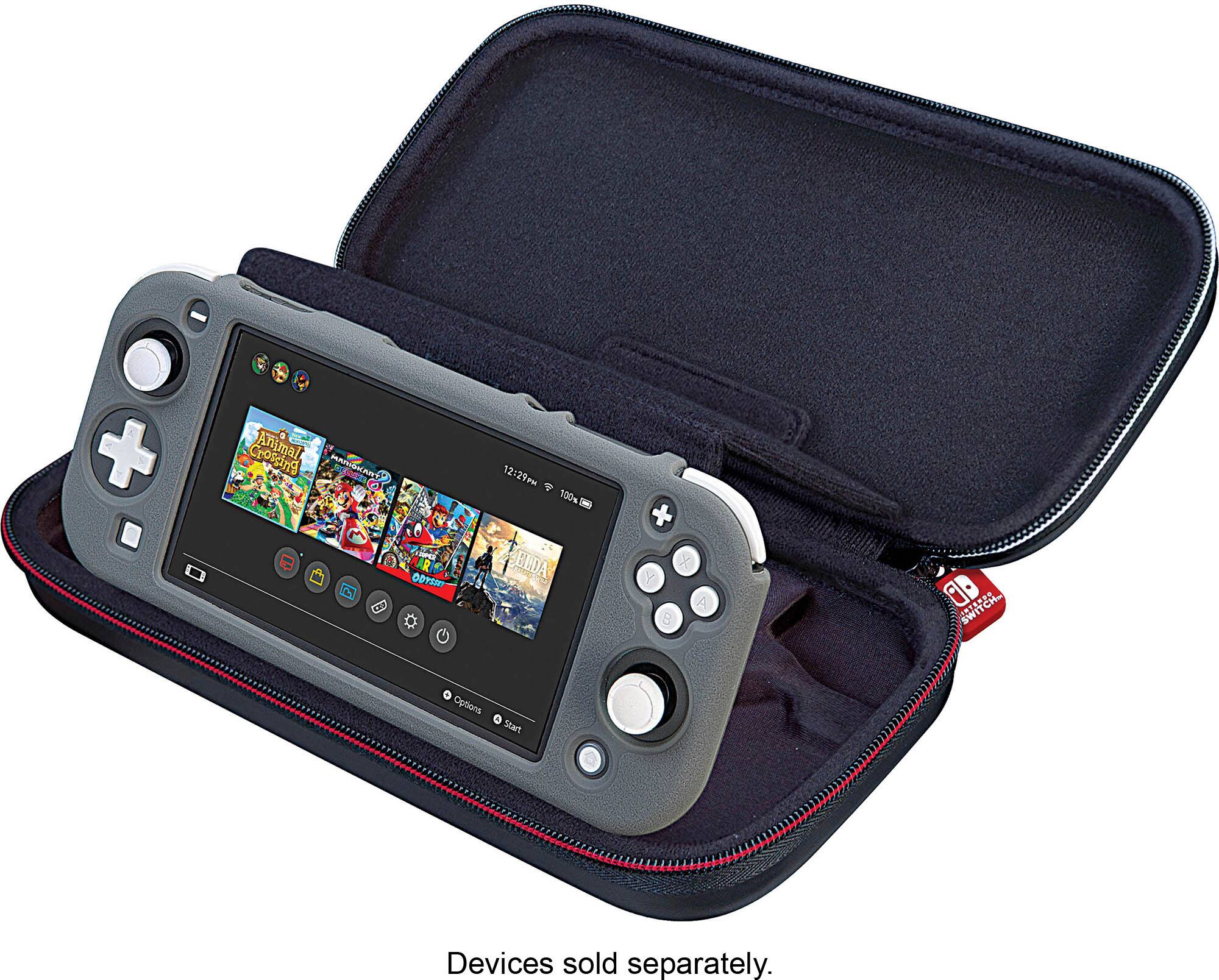 The image features a Nintendo Switch game console in a blue case, which is designed to hold the gaming device securely. The case is open, revealing the Switch console inside. The case is made of durable materials, providing protection for the gaming device during transportation or storage.
