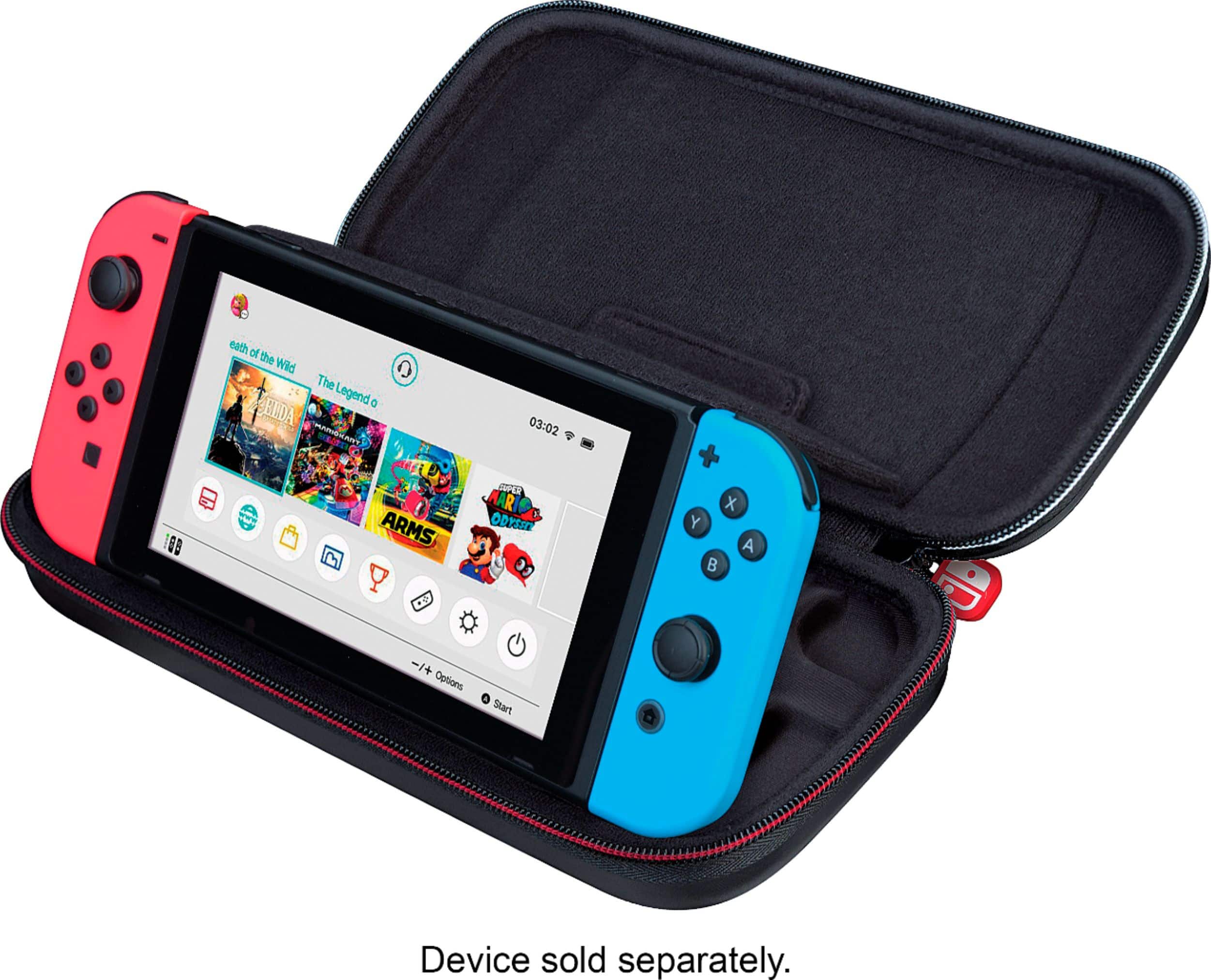The image features a red Nintendo Switch carrying case with several game cartridges inside. The case is designed to hold the Switch console and its games, providing a convenient and organized way to transport them. The case contains a total of 13 game cartridges, showcasing a variety of games for the Switch console. The case is open, revealing the game cartridges and the console inside.