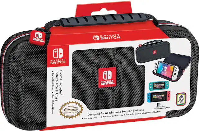 The image features a Nintendo Switch travel case, which is designed to hold and protect the Nintendo Switch gaming system. The case is black and red and is specifically designed for the Nintendo Switch. It is a licensed product and comes with a micro SD card case and a game card case. The case is also advertised as being suitable for all Nintendo Switch systems, including the Nintendo Switch OLED.