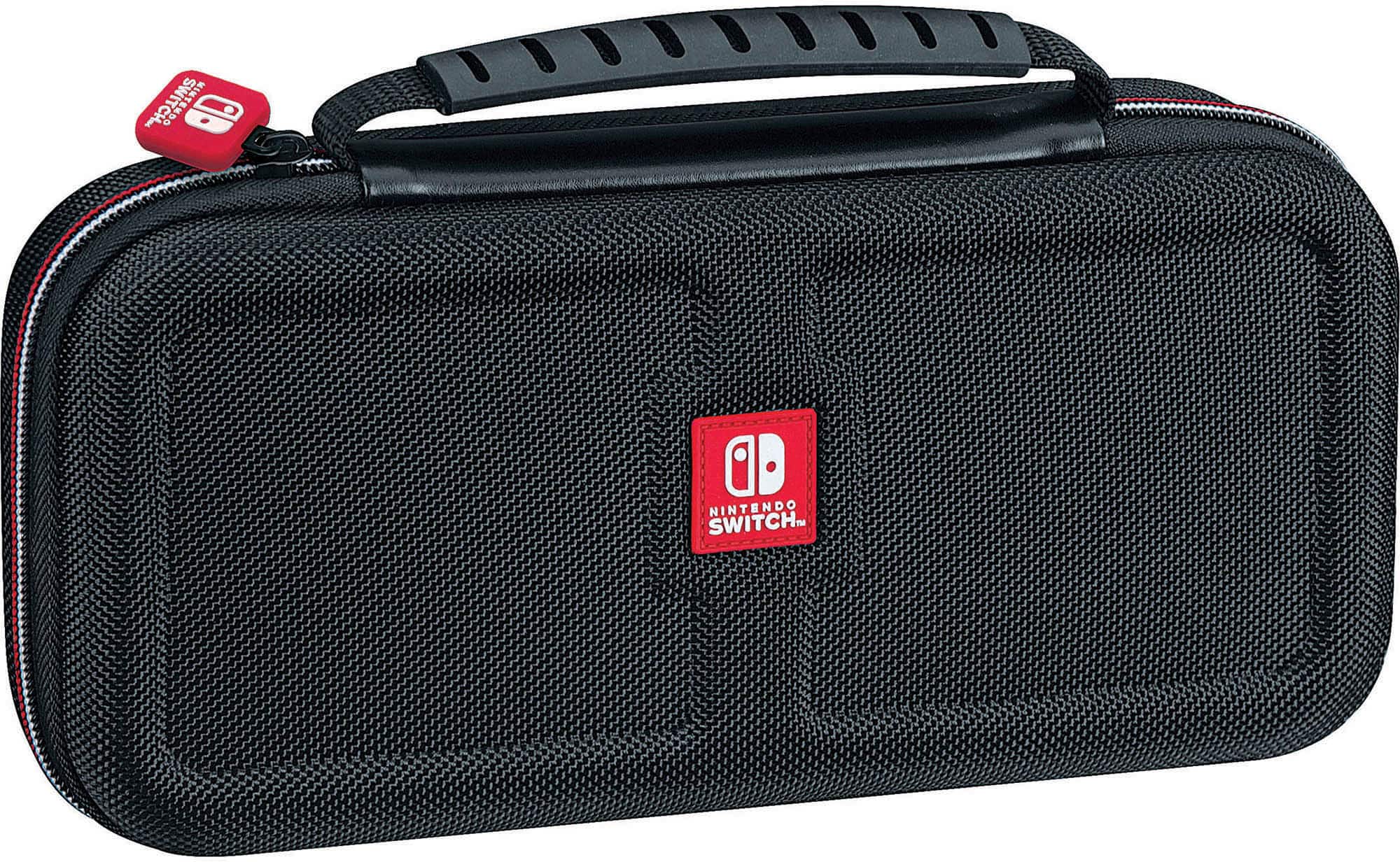 The image features a black Nintendo Switch carrying case with a red Nintendo logo on it. The case is designed to hold the Nintendo Switch and its accessories, providing a convenient way to transport the gaming system. The case is made of durable materials and has a sturdy handle for easy carrying.