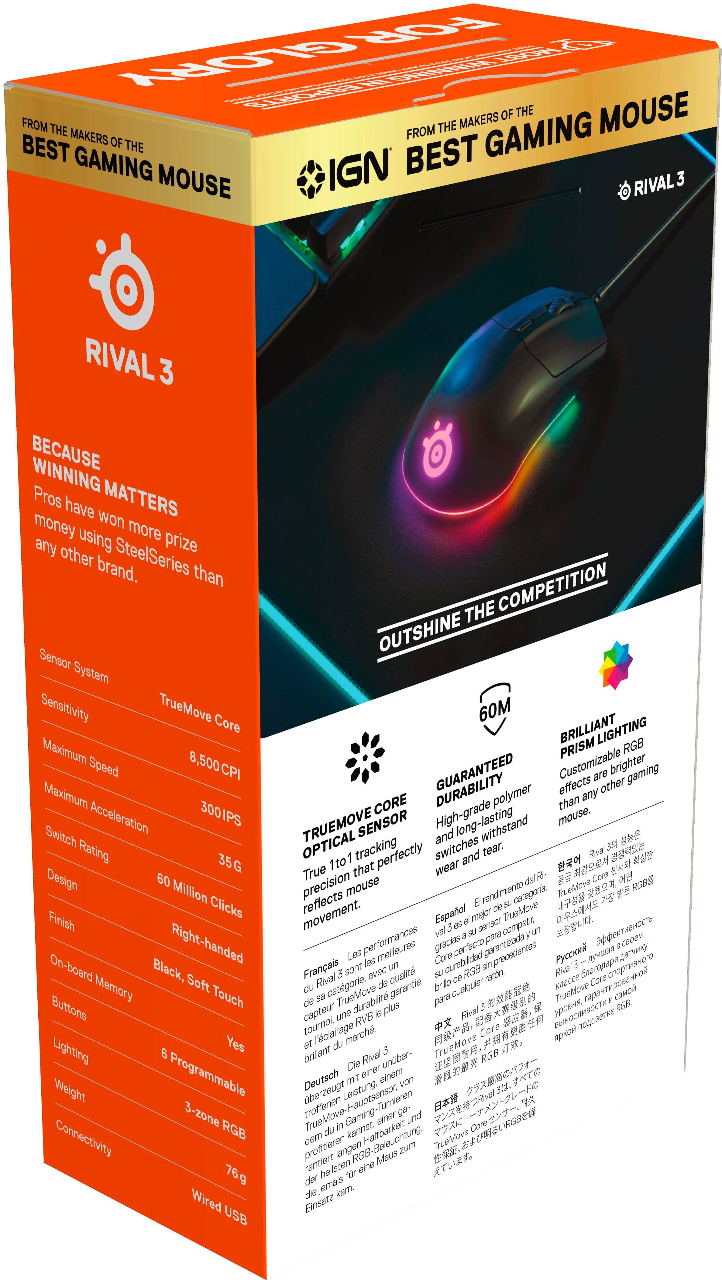 The text on the image reads:

"Rival 3S Gaming Mouse - Best Gaming Mouse - Because Winning Matters - More money won than ever before by using the Rival 3S Gaming Mouse. Pros have an edge with the Rival 3S Gaming Mouse. TrueMove Sensor - Aghgrad - Optical and accurate - 7 to 12 times faster than standard mice - 200 to 300 IPS tracking - Reflecto - Reactive - Customizable DPI - 200 to 3000 DPI - 2.4GHz wireless - 100% lag-free - 100% responsive - 100% accurate - 100% reliable - 100% durable - 100% true to size - 100% comfortable - 100% customizable - 100% gaming - 100% Rival."