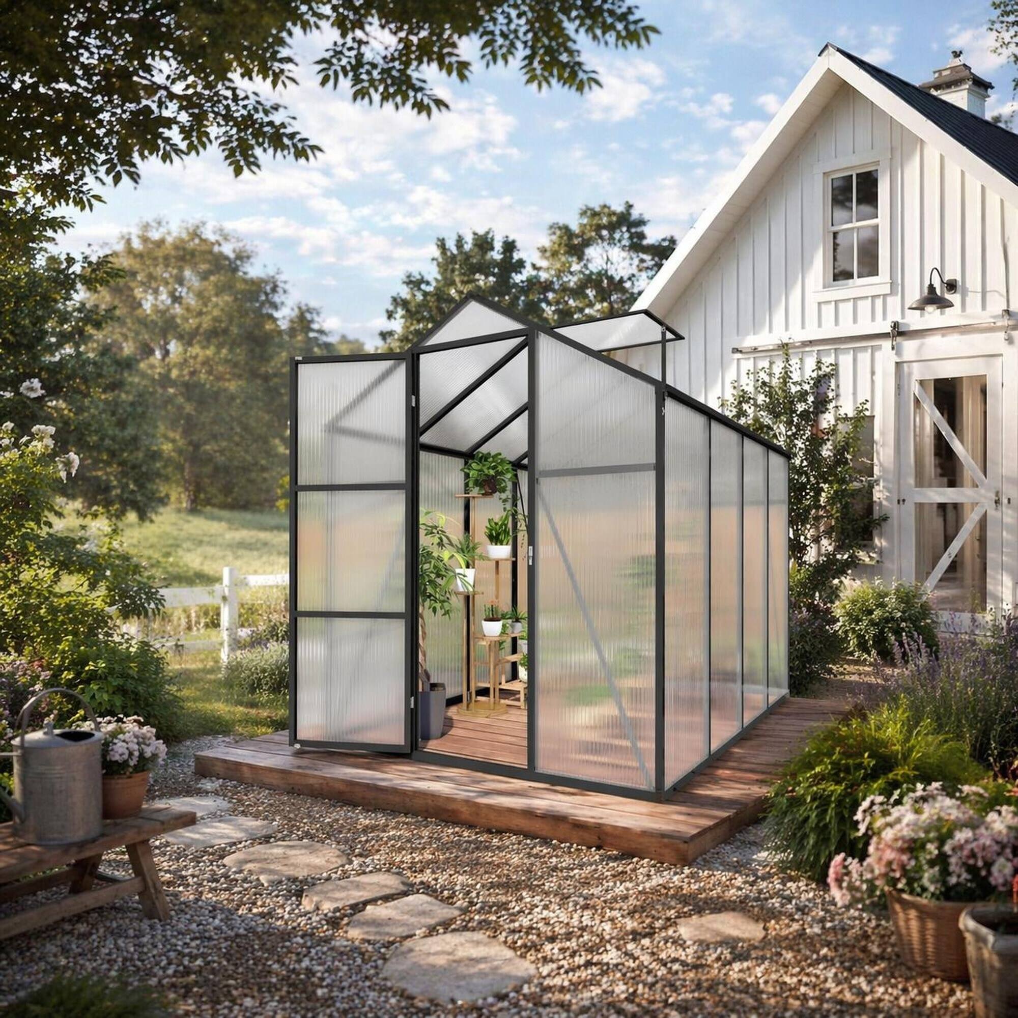 Angle. RYHNUYNE - 6 x 8 ft Walk-in Polycarbonate Greenhouse, Heavy Duty Aluminum Frame, Raised Base, Anchor Kit, All Season.