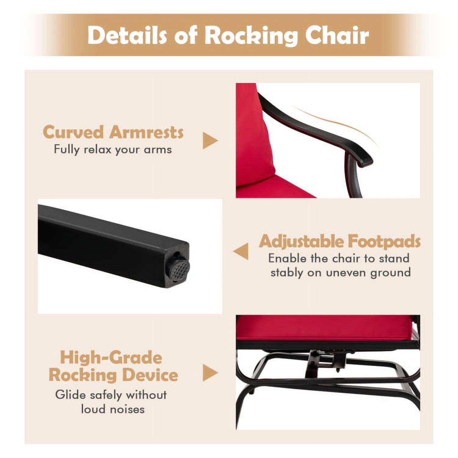 Details of Rocking Chair

- Curved Armrests
  - Fully relax your arms

- Adjustable Footpads
  - Enable the chair to stand stably on uneven ground

- High-Grade Rocking Device
  - Glide safely without loud noises