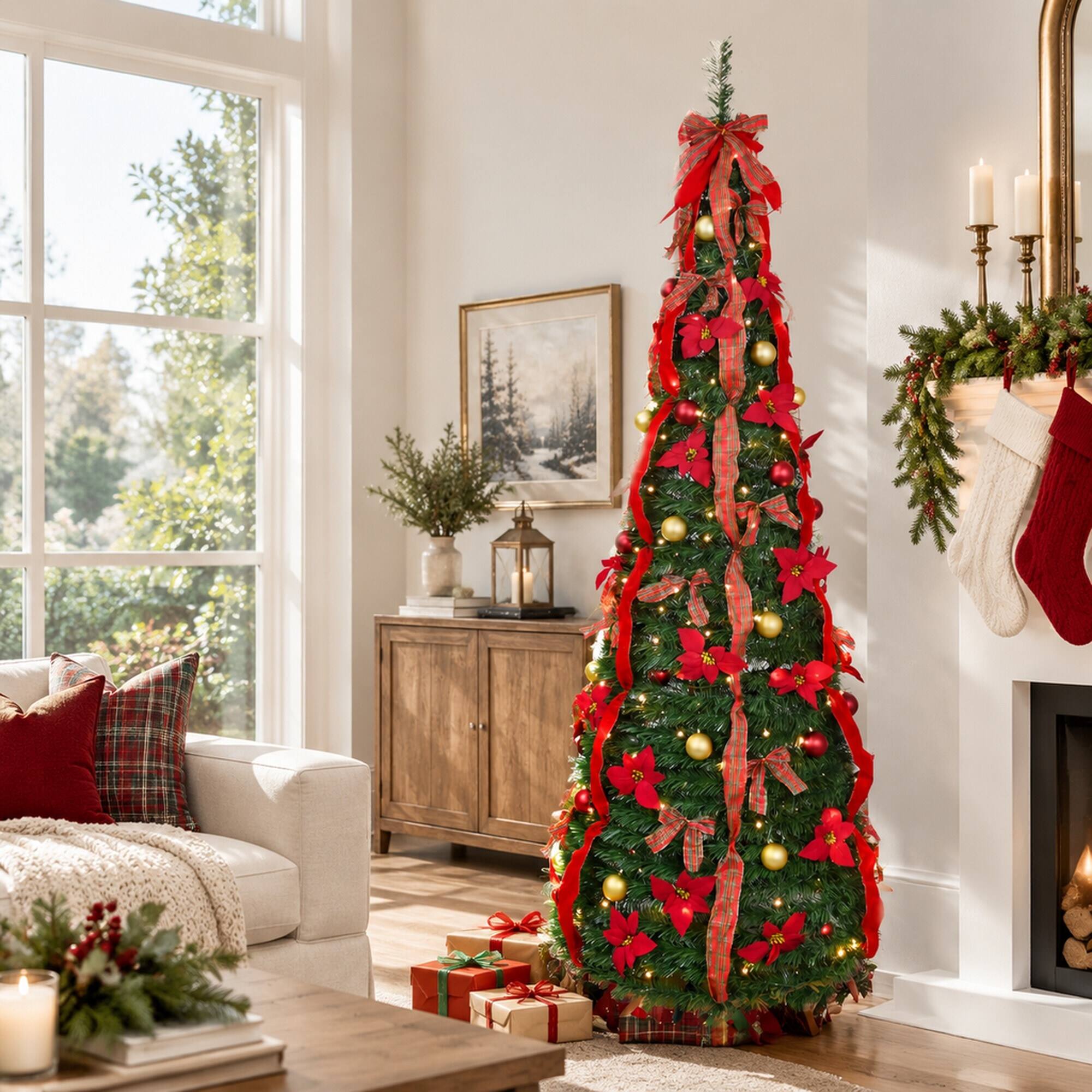 Back. RYHNUYNE - 7FT Pre-Lit Pop Up Christmas Tree With 200 Pre-Strung Lights and Gold Red Balls, Satin Bows and Quick Setup - Green.