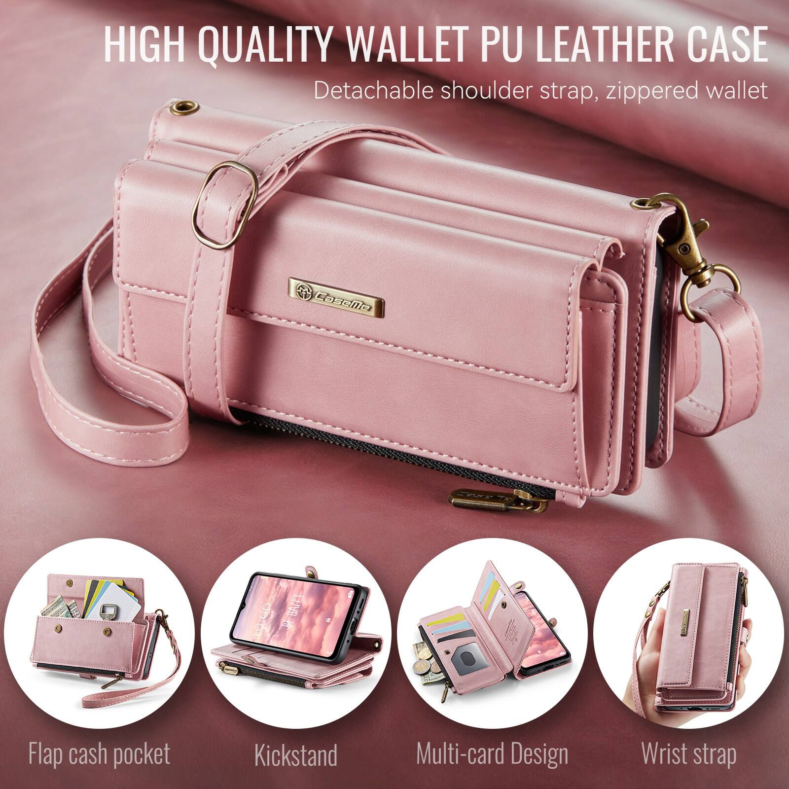 HIGH QUALITY WALLET PU LEATHER CASE  
Detachable shoulder strap, zippered wallet  
Flap cash pocket  
Kickstand  
Multi-card Design  
Wrist strap