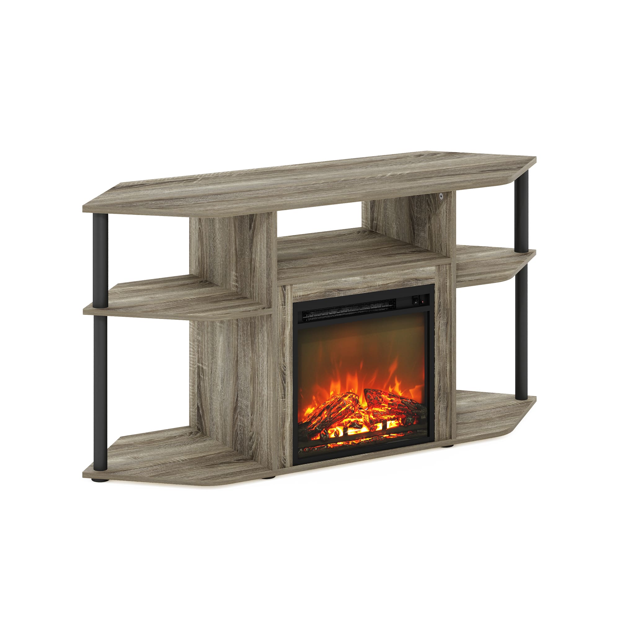 Front. Furinno - Jensen Open Storage Corner Fireplace TV Entertainment Center with Plastic Poles for TV up to 55 Inch - French Oak Grey/Black.