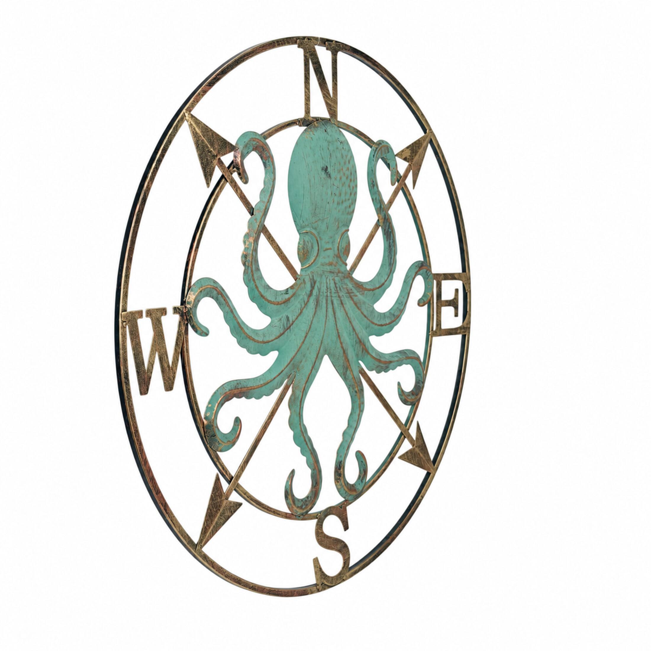 Alt View 1. Zeckos - 28 Inch Metal Octopus Compass Rose Wall Sculpture Aqua Bronze Nautical Decor - Aqua.