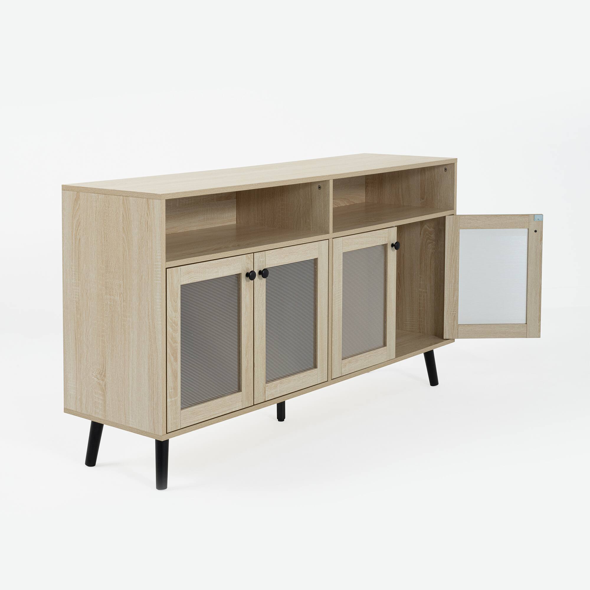 Alt View 4. Vaczon - Modern Natural Wood TV Stand with Storage Ribbed Glass Doors and Open Shelves, Entertainment Console - Light Oak.