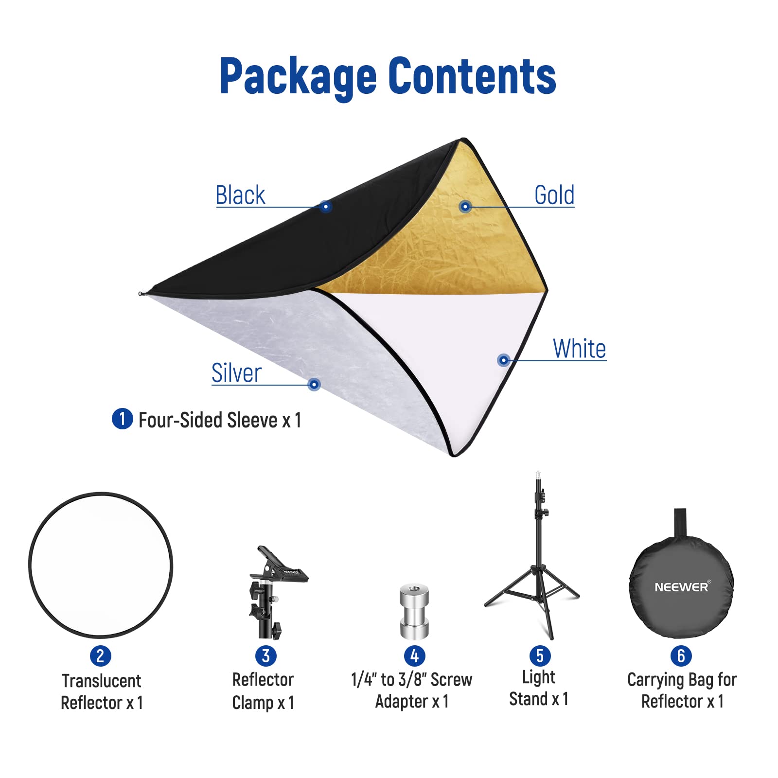 Package Contents

1. Four-Sided Sleeve x 1
2. Translucent Reflector x 1
3. Reflector Clamp x 1
4. 1/4" to 3/8" Screw Adapter x 1
5. Light Stand x 1
6. Carrying Bag for Reflector x 1