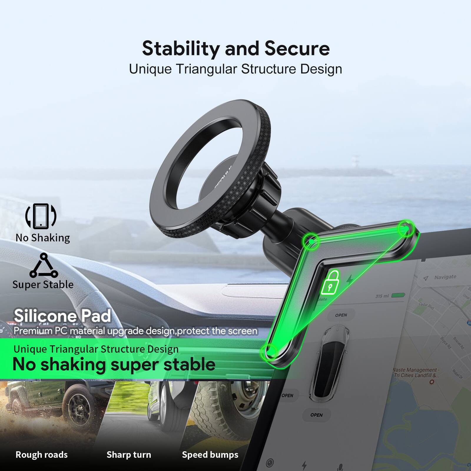 Stability and Secure, Unique Triangular Structure Design, No Shaking, Super Stable, Silicone Pad, Premium PC material upgrade design protect the screen, Unique Triangular Structure Design, No shaking super stable, 9 Mete, OPEN, Navigate, 4, 215 ml, Co Cedar Dur Boyeld H Soooet.d Saste Management in Cities Landfial & Natelb, OPEN, OPEN, Rough roads, Sharp turn, Speed bumps.