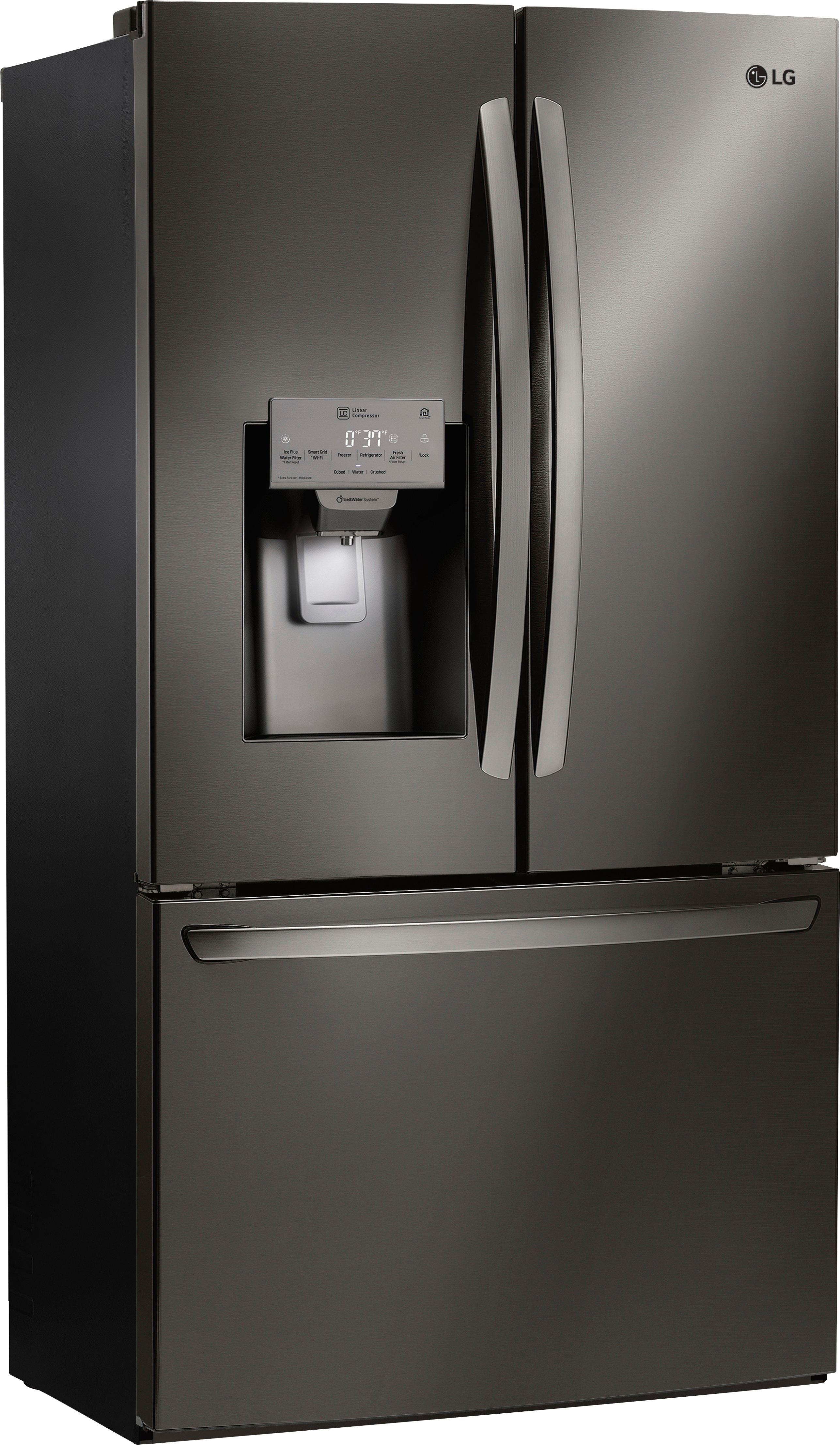 Angle View: LG - 27.9 Cu. Ft. French Door Smart Refrigerator with External Tall Ice and Water Dispenser - Black Stainless Steel