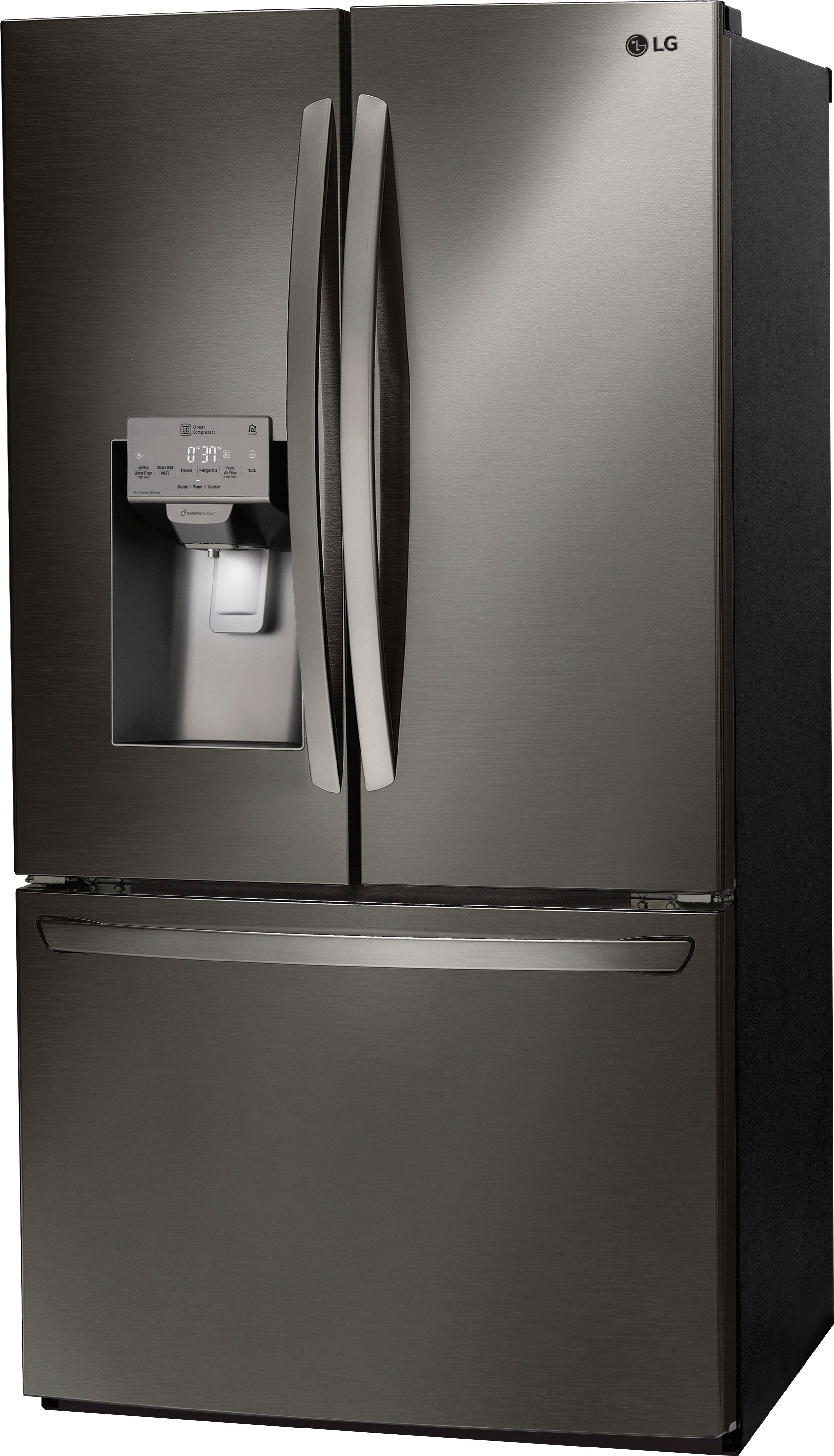 Left View: LG - 27.9 Cu. Ft. French Door Smart Refrigerator with External Tall Ice and Water Dispenser - Black Stainless Steel