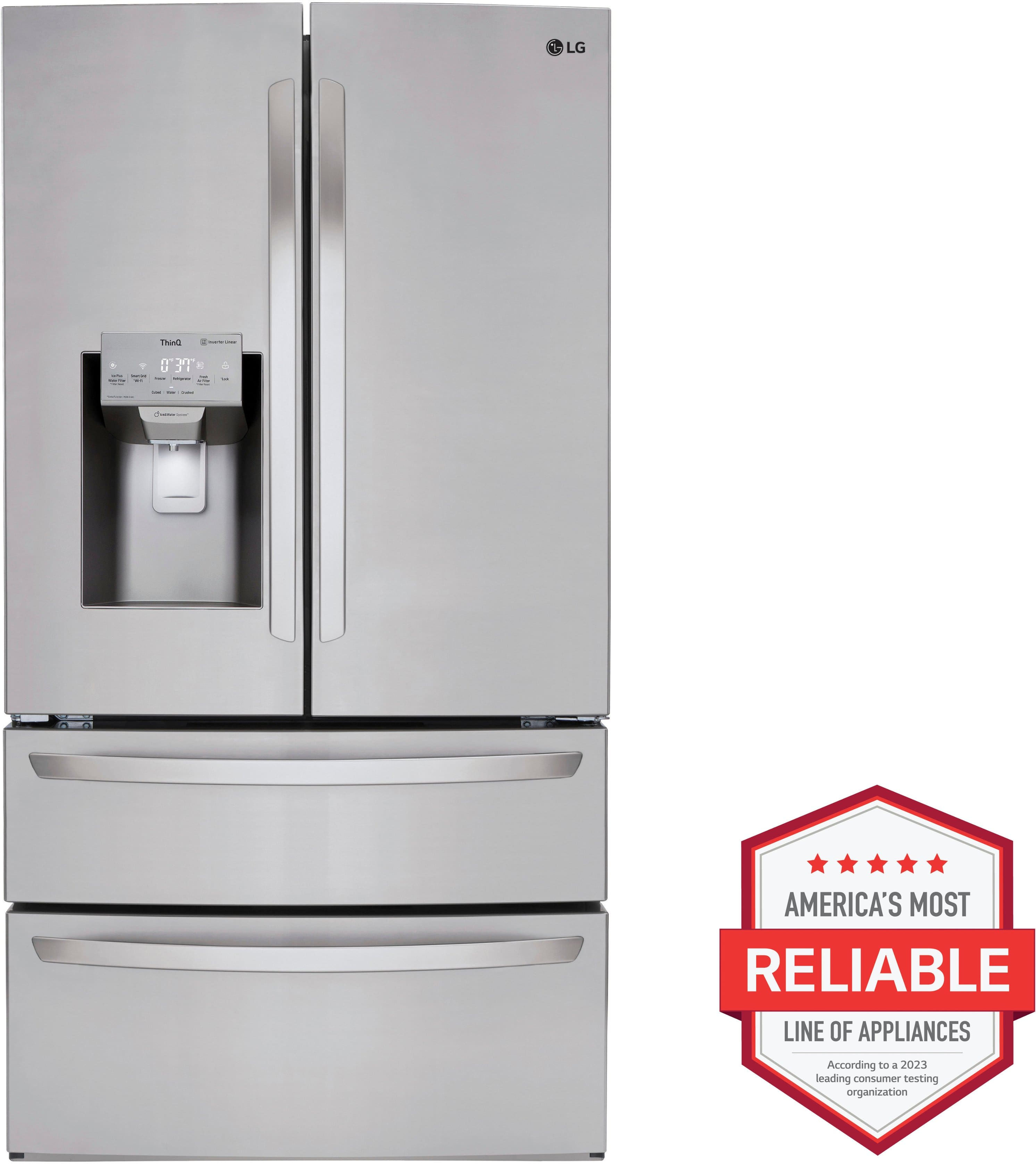 The image features a large, shiny metallic refrigerator with a freezer on top. The refrigerator is made by LG and is described as America's most reliable line of appliances. This is based on the 2023 Consumer Reports' ranking, which indicates that the refrigerator is highly reliable and trustworthy. The refrigerator is displayed in a white background, with the focus on the appliance and its features.