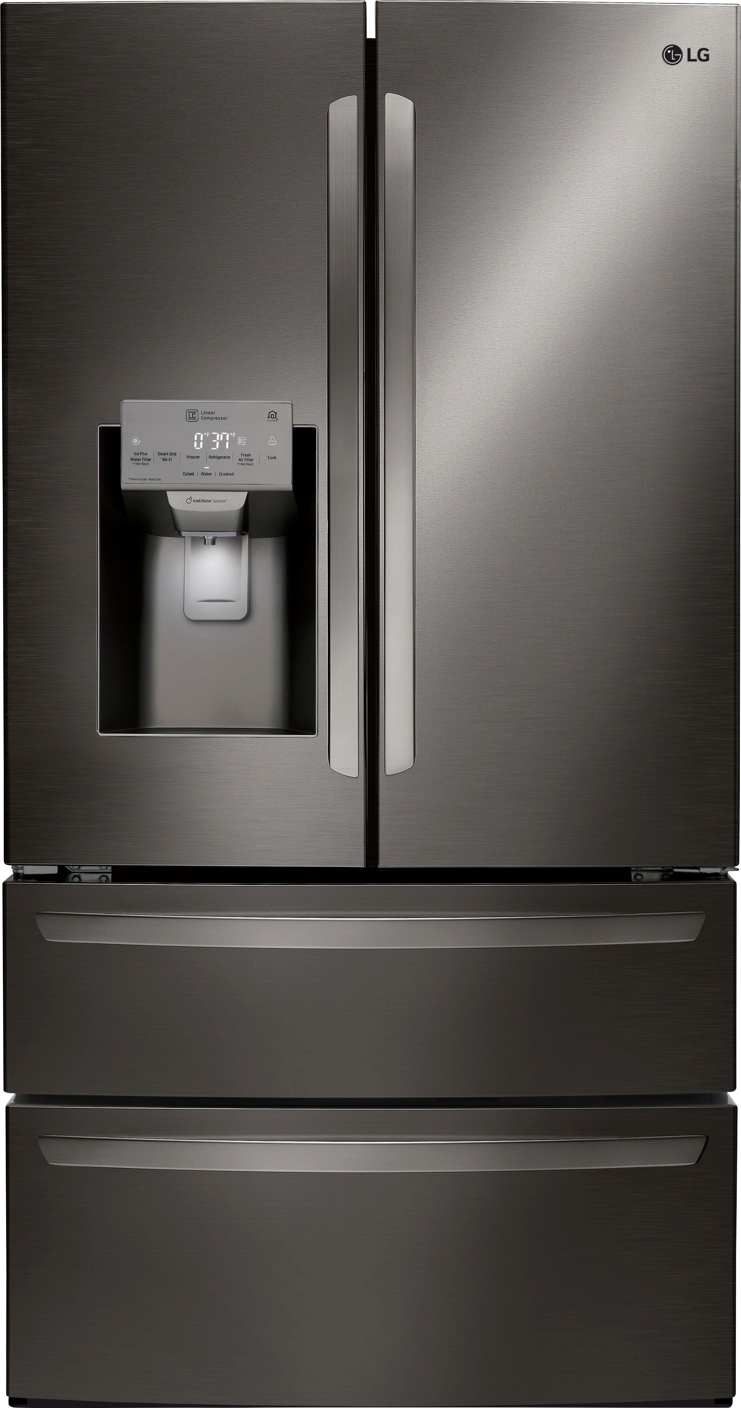 Front. LG - 27.8 Cu. Ft. 4-Door French Door Smart Refrigerator with Smart Cooling System - Black stainless steel.