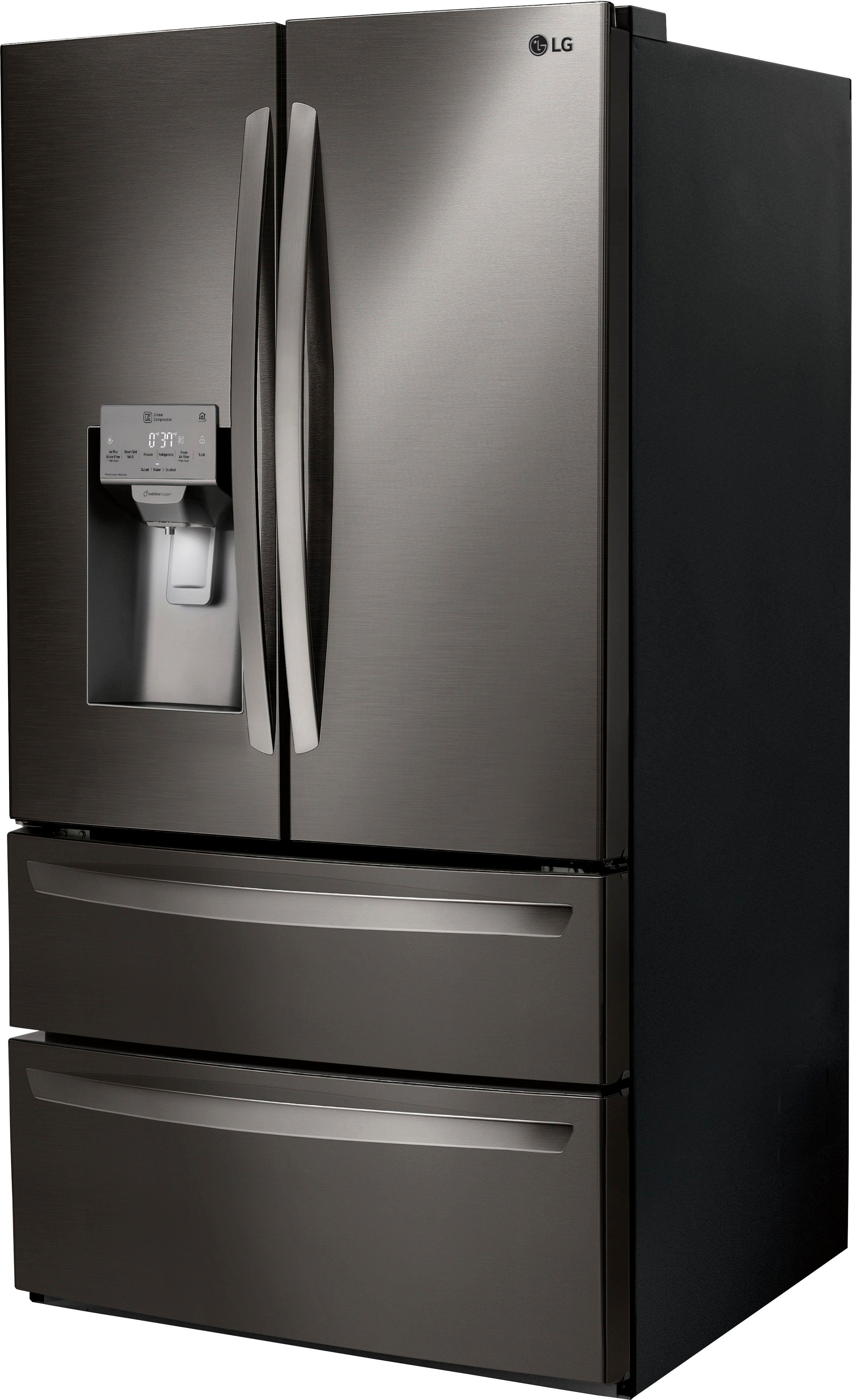Left. LG - 27.8 Cu. Ft. 4-Door French Door Smart Refrigerator with Smart Cooling System - Black stainless steel.