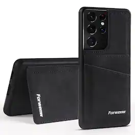 Dteck - RFID Blocking Back Wallet Case for Samsung Galaxy S21 Ultra, Shockproof PU Leather Kickstand Rugged Cover - Black
