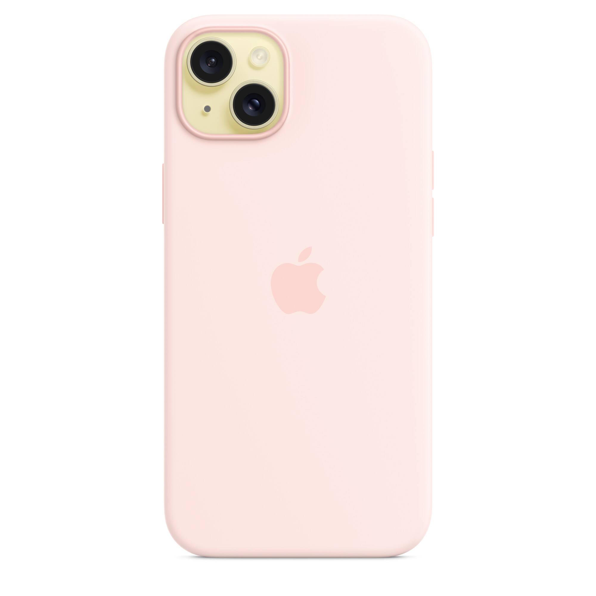 Left. Apple - Apple Silicone Case with MagSafe for iPhone 15 Plus (A2847, A3093, A3094, A3096) - Light Pink - Light Pink.